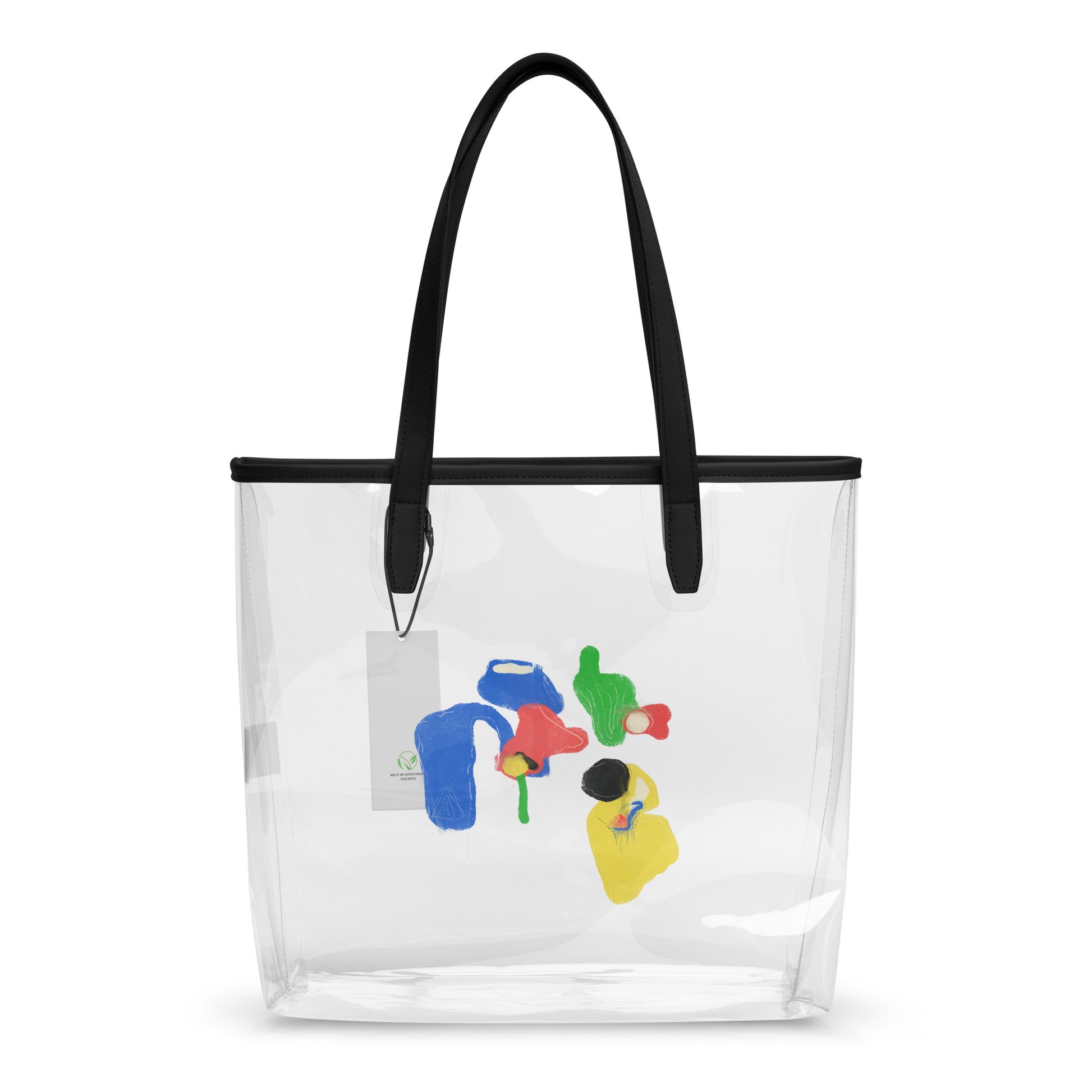 Clear PVC tote bag featuring bright abstract color-block artwork