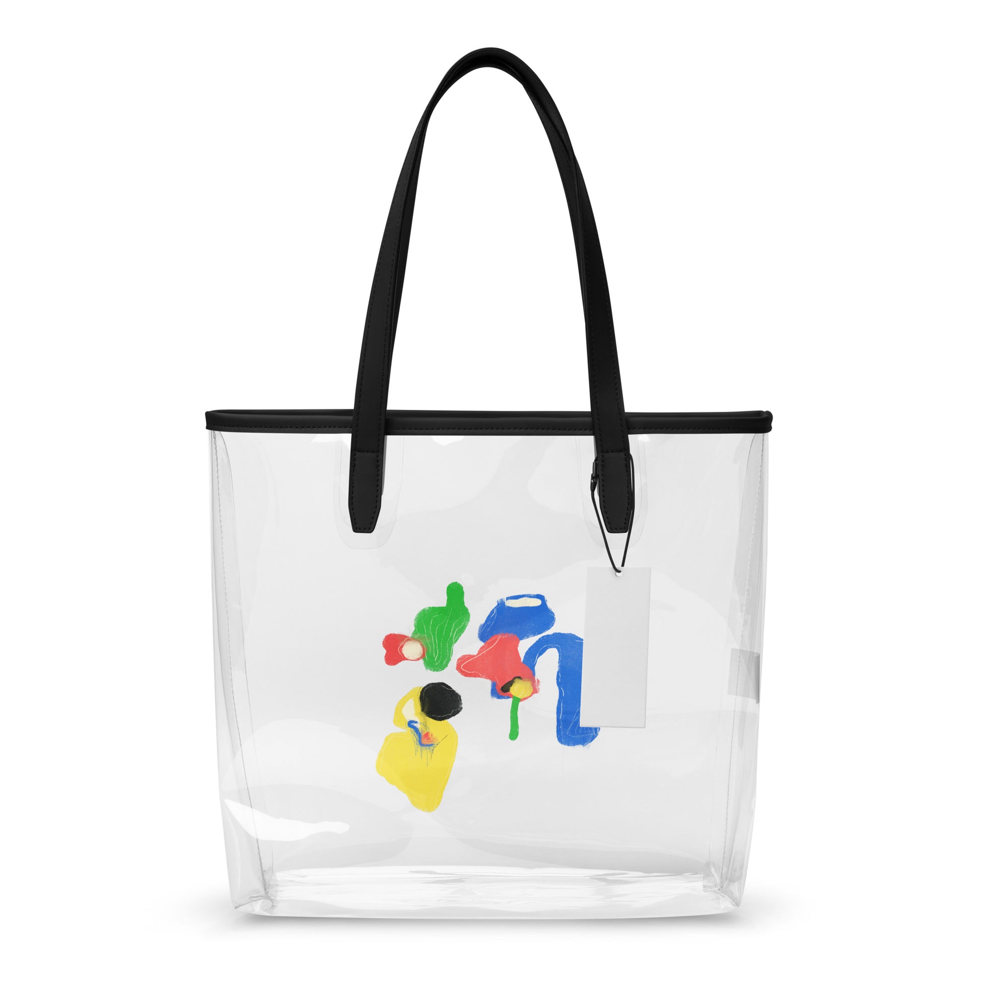 Clear PVC tote bag featuring bright abstract color-block artwork