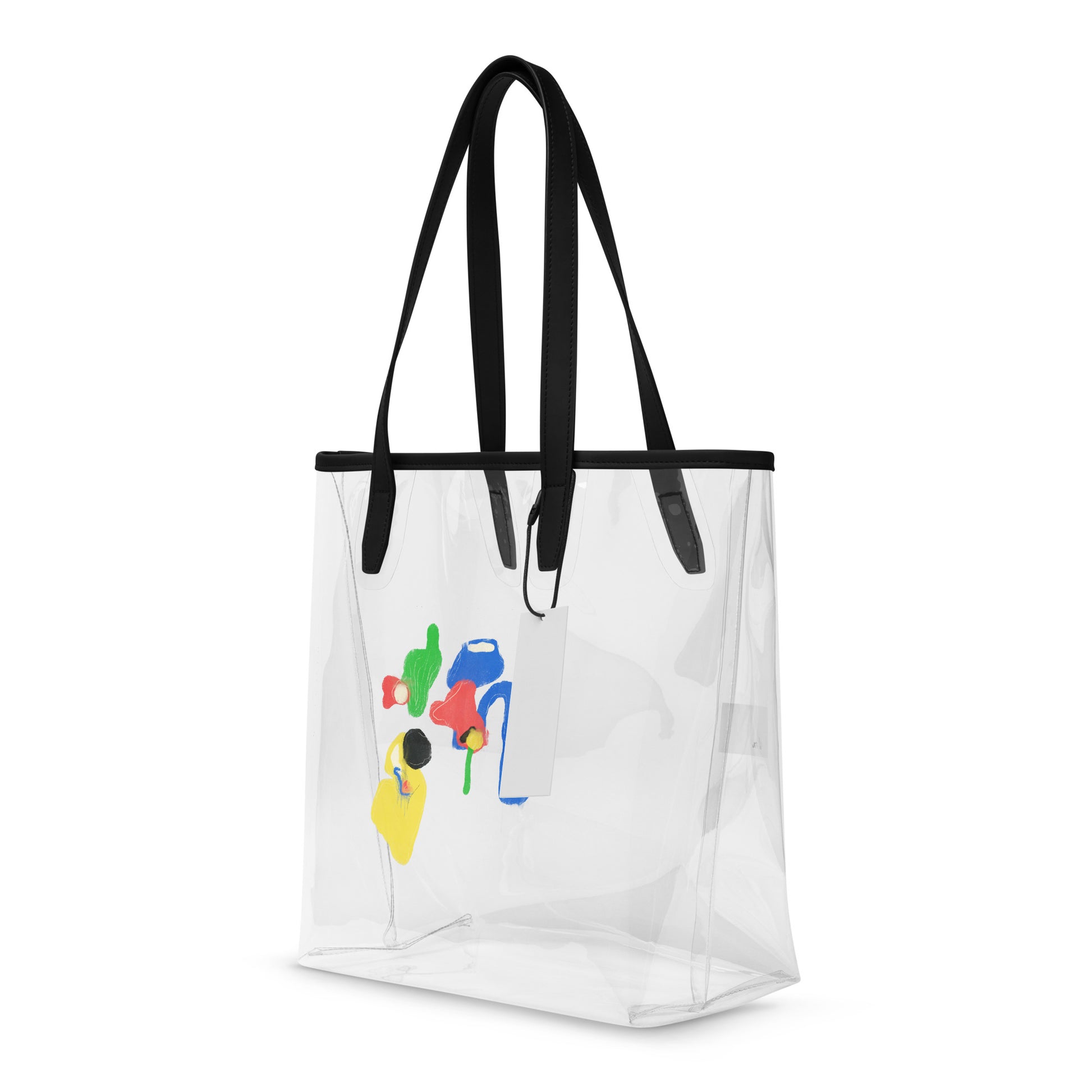 Clear PVC tote bag featuring bright abstract color-block artwork