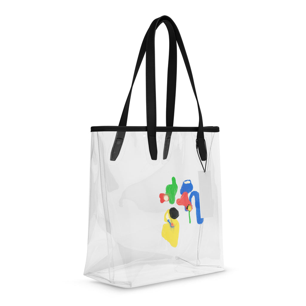 Clear PVC tote bag featuring bright abstract color-block artwork