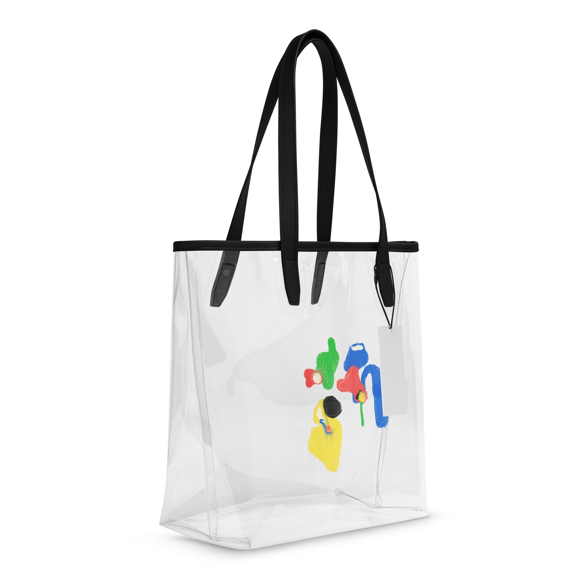 Clear PVC tote bag featuring bright abstract color-block artwork