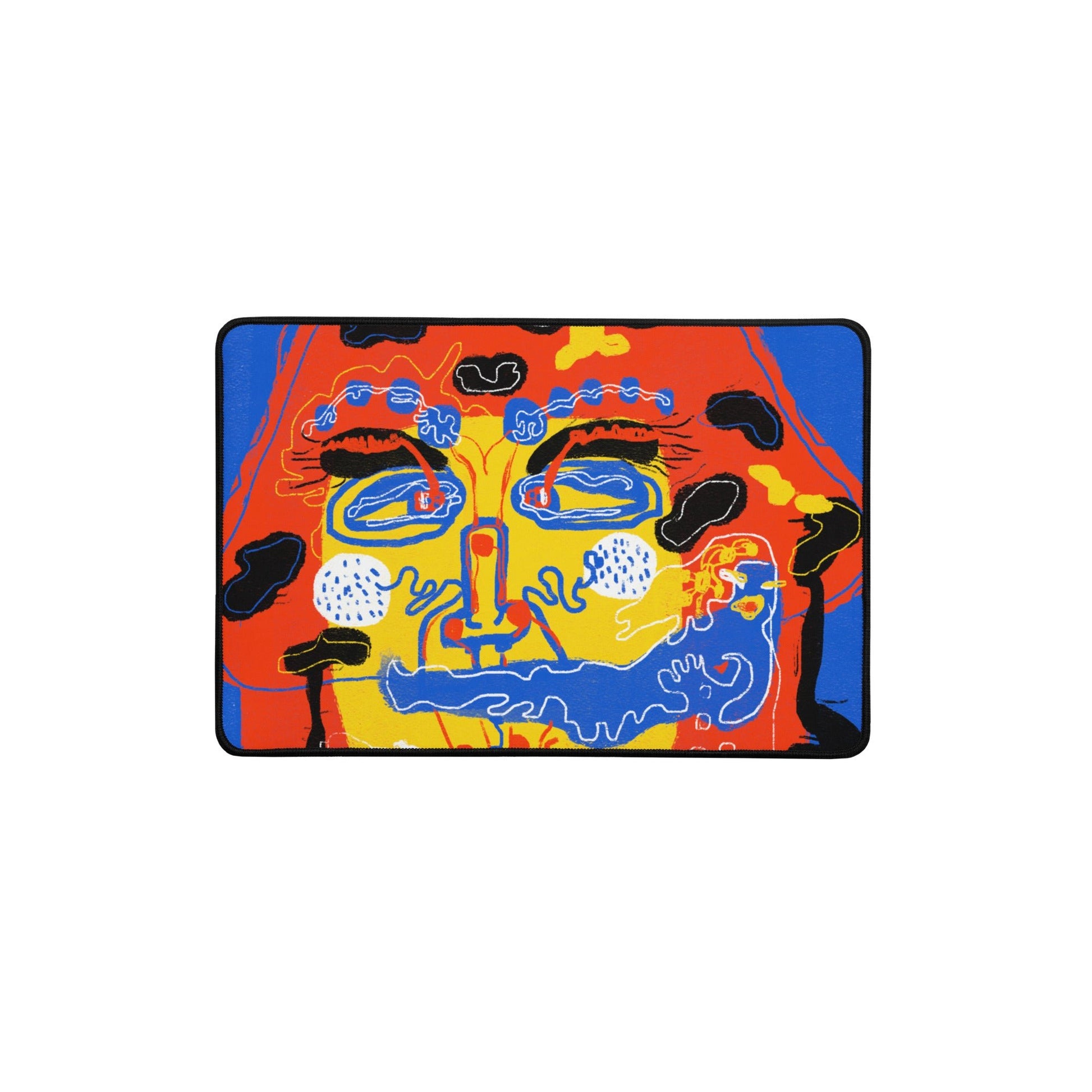 Vibrant "Mushroom Lady" art desk mat with a trippy design and electric colors, perfect for gaming or work, with anti-slip grip.