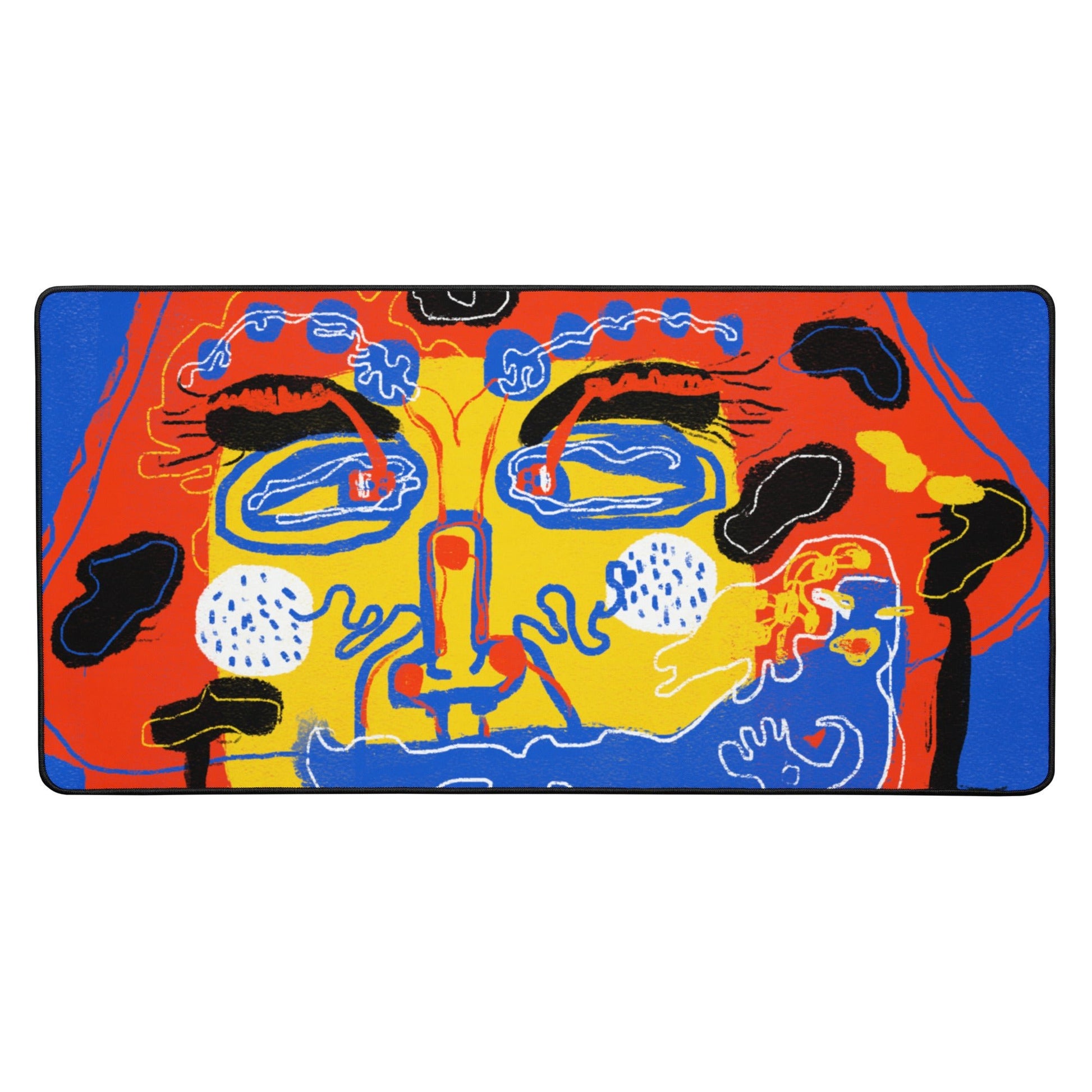 "Mushroom Lady" desk mat with bold, trippy face and electric colors, featuring anti-slip backing for smooth mouse glide.