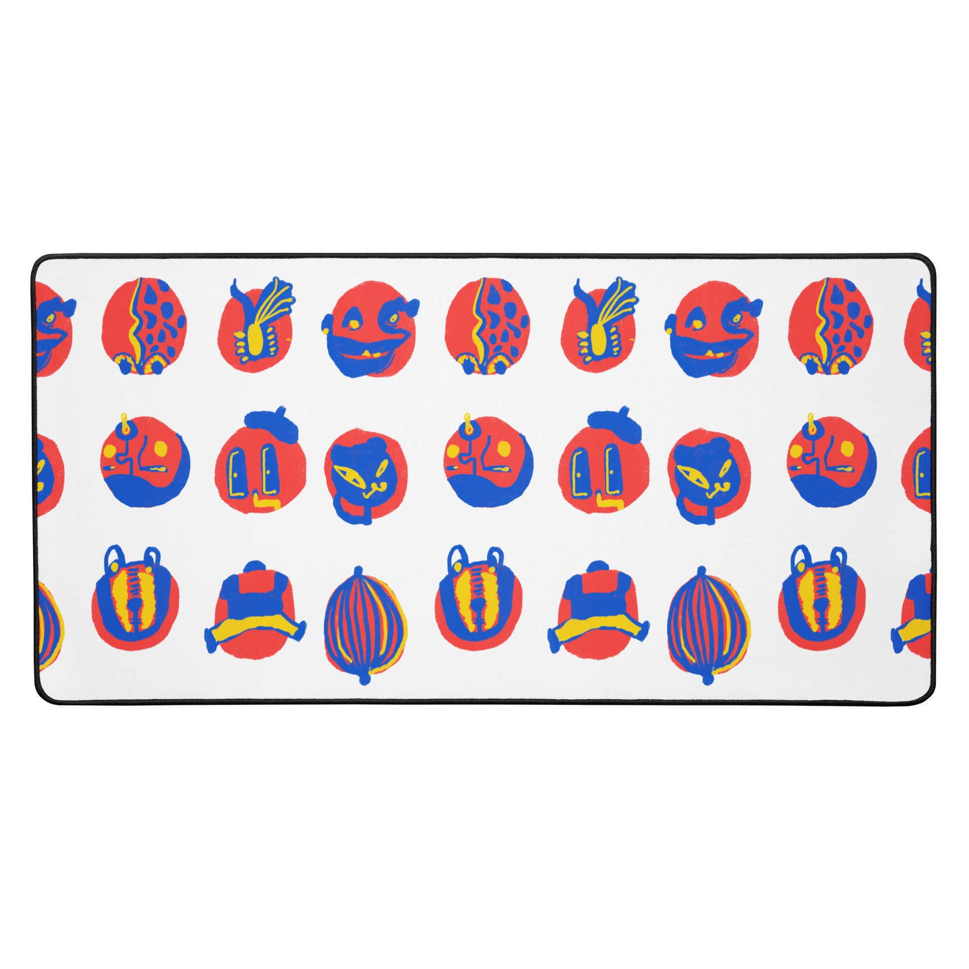 "My Double Double Face" desk mat with chaotic, expressive faces in vivid colors, featuring a smooth surface and anti-slip backing for durability.
