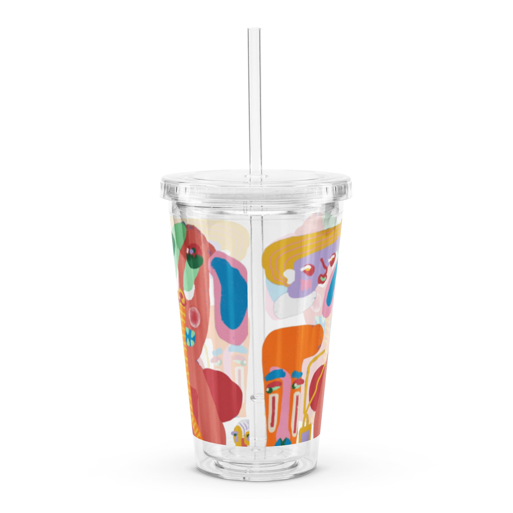 Clear plastic tumbler with “Kick You Out” text design, includes lid and reusable straw.