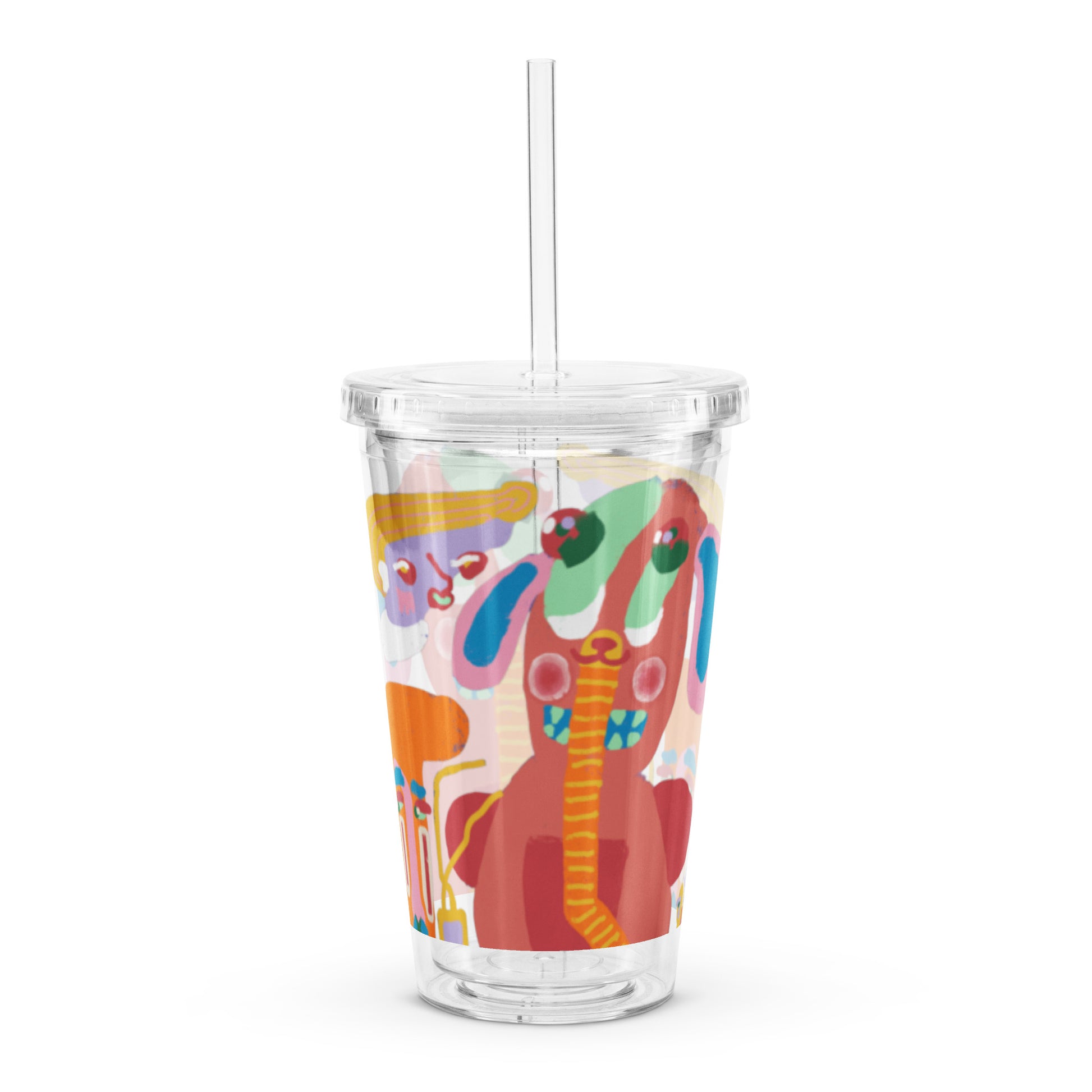 Clear plastic tumbler with “Kick You Out” design, includes lid and reusable straw.