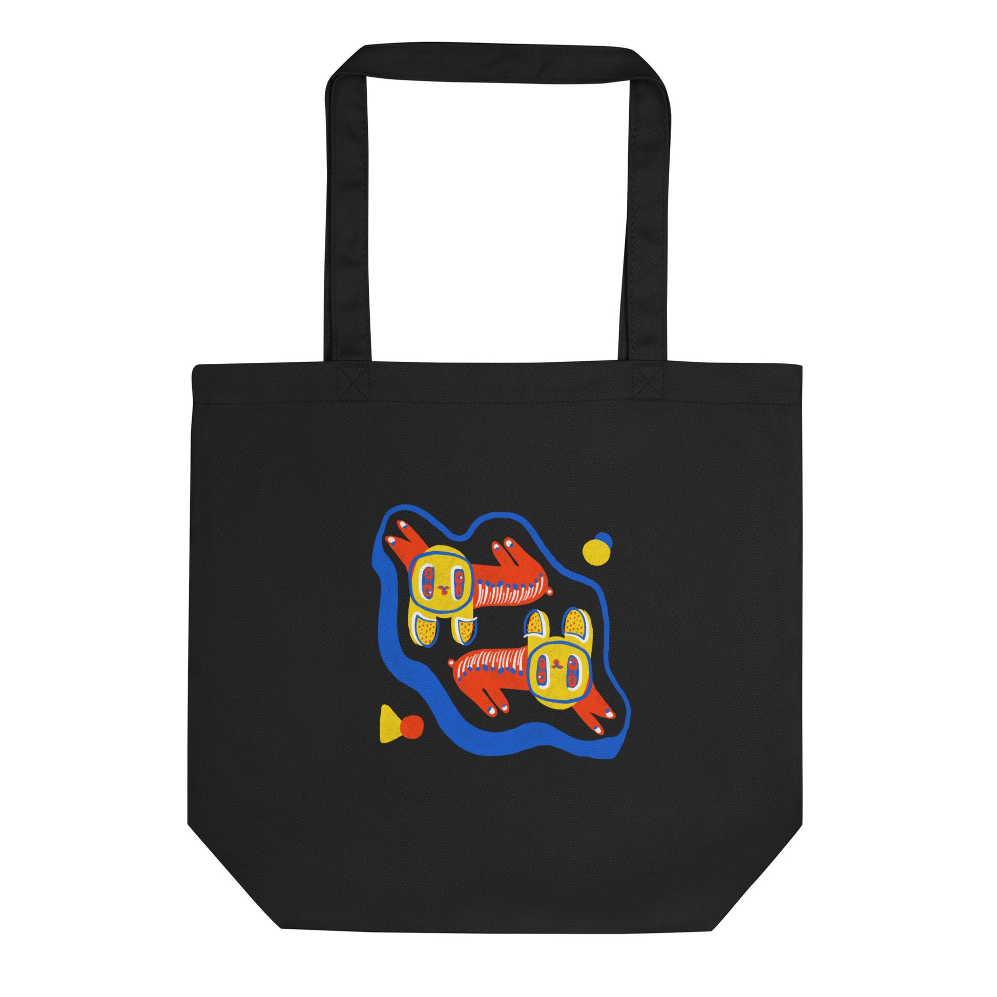 Eco tote bag made of organic cotton, featuring a cheerful twin cats illustration on the front.