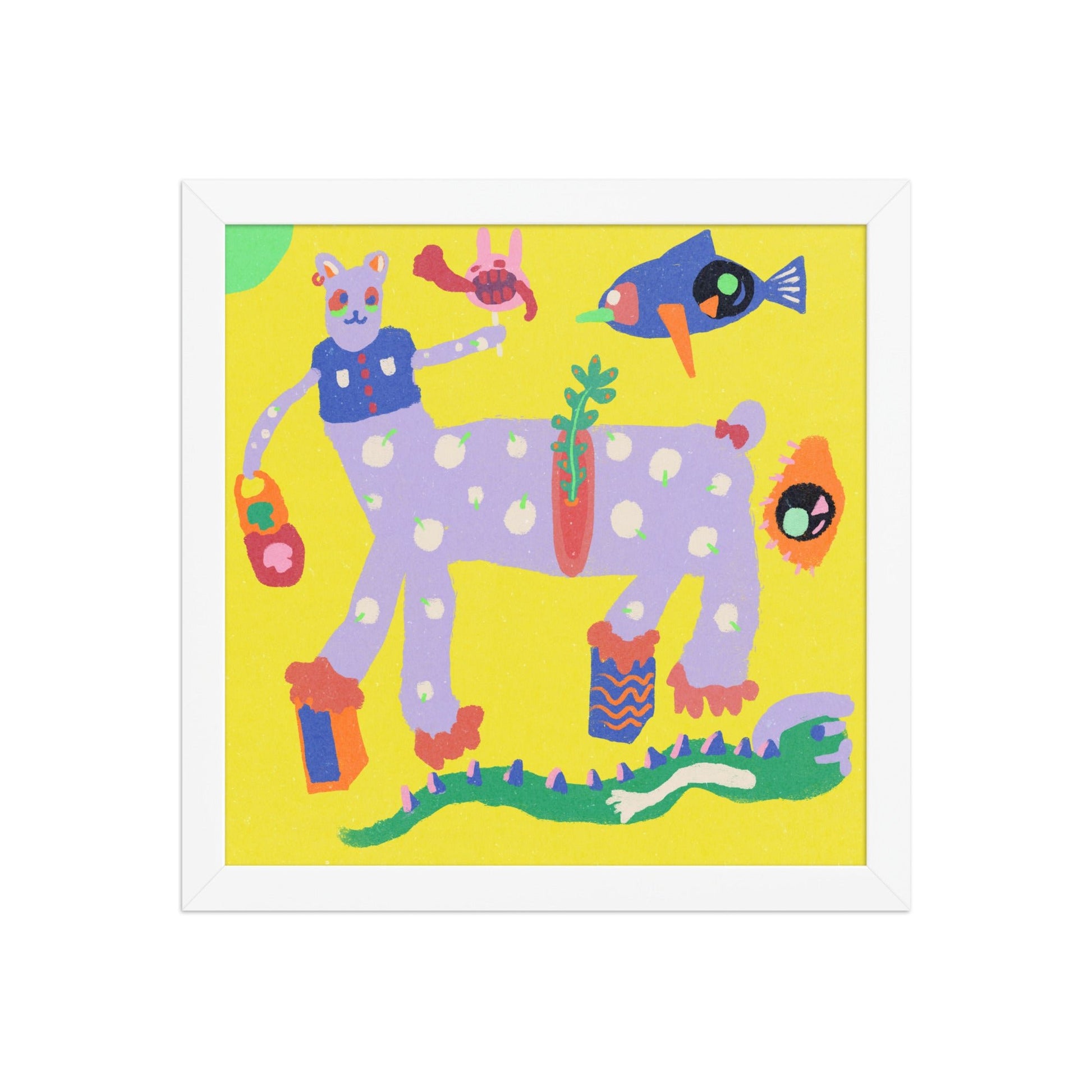 Bright and unforgettable "Yellow Burnout" art print poster in a matte renewable wood frame, bringing strange joy and chaos to any space.