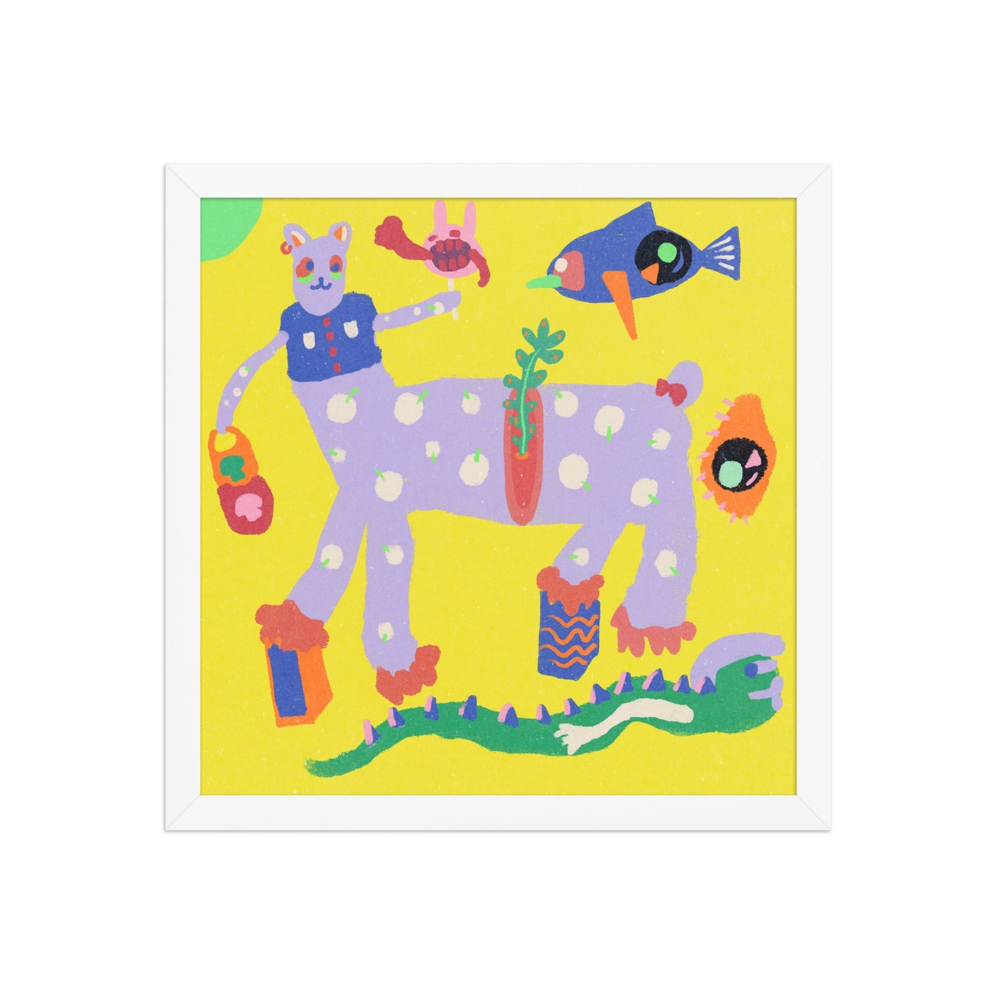 Bright and unforgettable "Yellow Burnout" art print poster in a matte renewable wood frame, bringing strange joy and chaos to any space.
