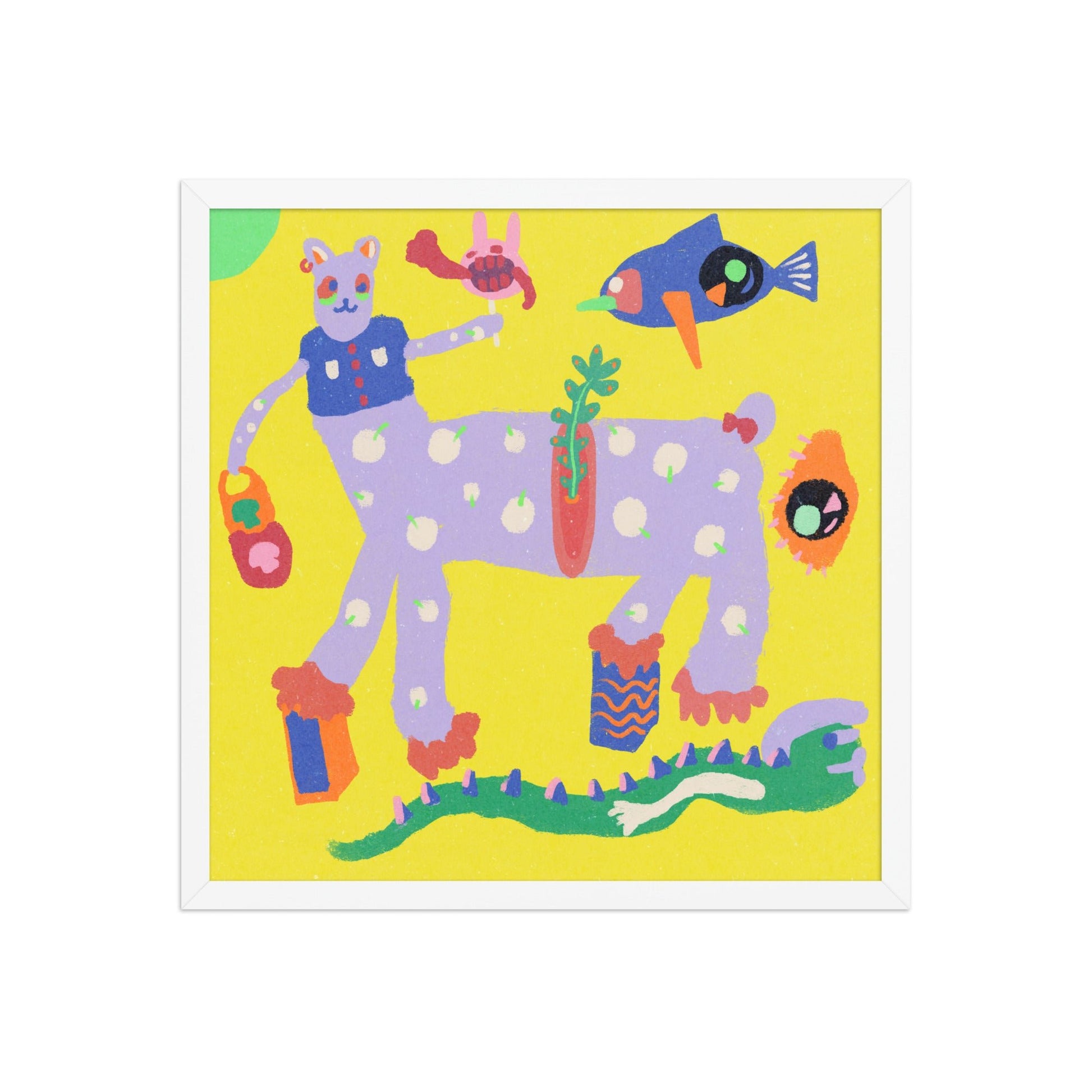 "Yellow Burnout" framed poster featuring a chaotic, weirdly adorable creature, printed on thick matte paper with a renewable wood frame.