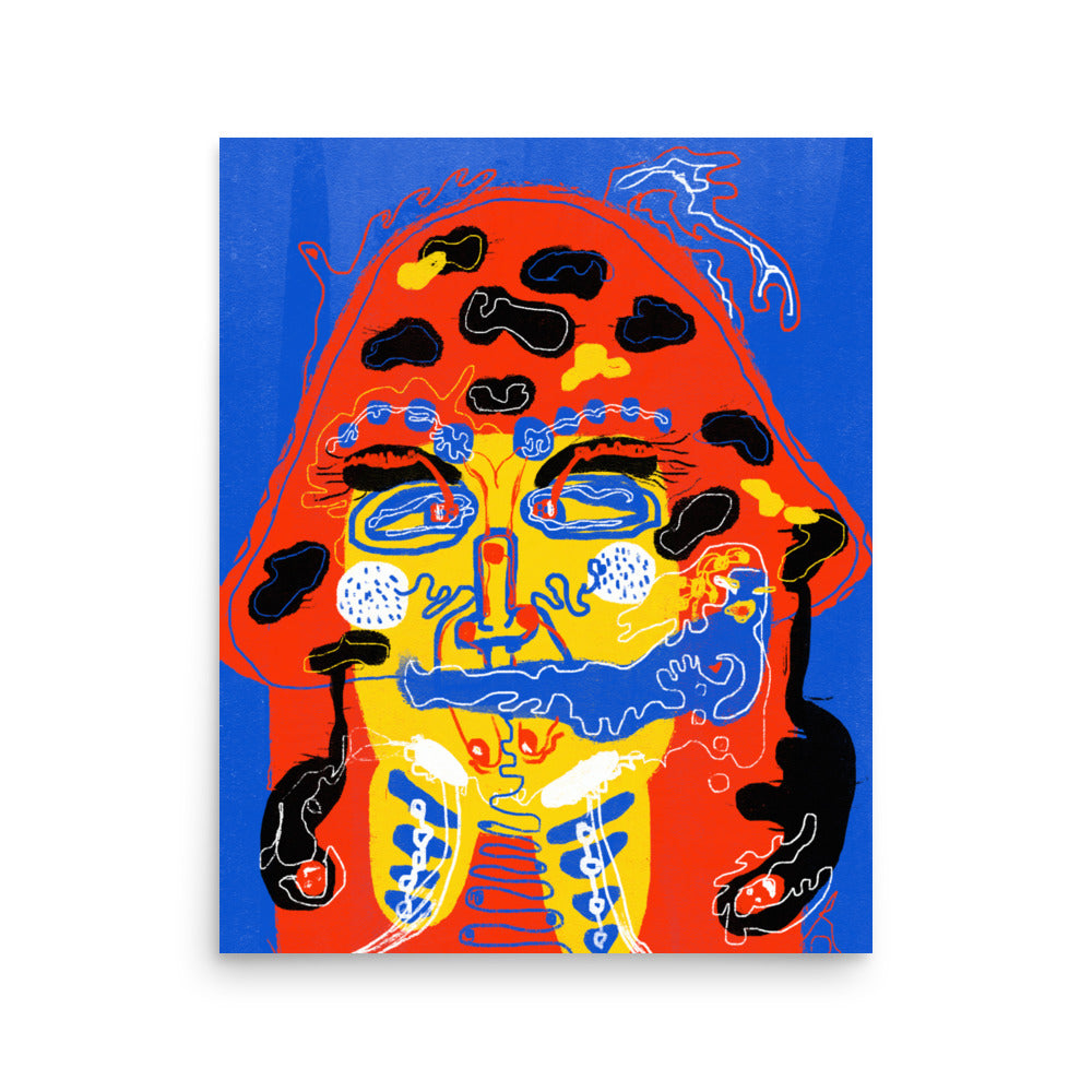 Bold "Mushroom Lady" art poster with a chaotic and unhinged surreal face, printed on thick matte paper for a gallery-ready finish.