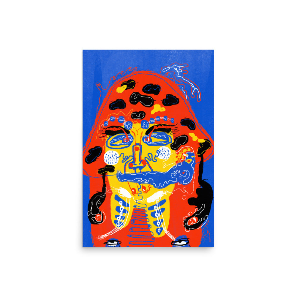 Bold "Mushroom Lady" art poster with a chaotic and unhinged surreal face, printed on thick matte paper for a gallery-ready finish.