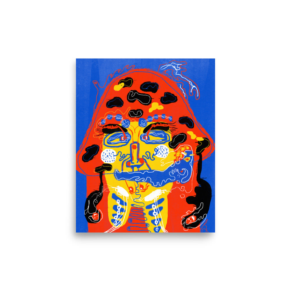 Bold "Mushroom Lady" art poster with a chaotic and unhinged surreal face, printed on thick matte paper for a gallery-ready finish.