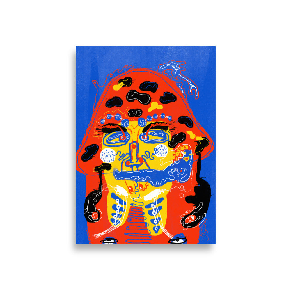 "Mushroom Lady" poster on thick matte paper, featuring a bold, bizarre, and surreal face design.
