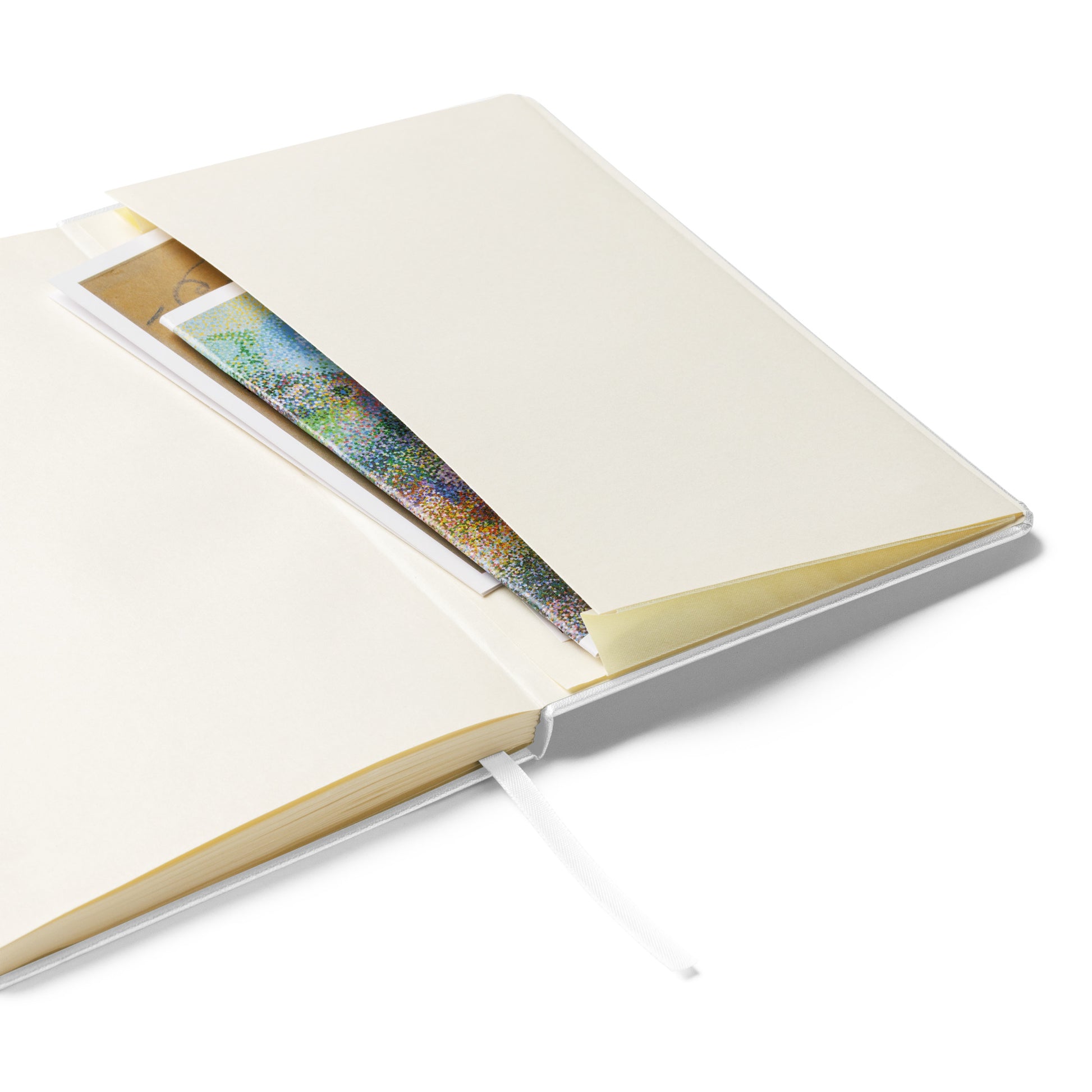 Hardcover notebook with abstract “Untitled Steps” cover, elastic band closure, ribbon bookmark, and inner pocket.