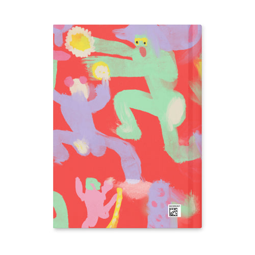 Unique "Dancing Hard" hardcover journal, designed for deep thoughts and strange dreams, with a vibrant, chaotic cover print.