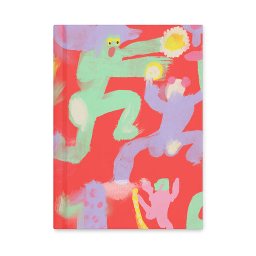 Matte hardcover journal with "Dancing Hard" art print, perfect for journaling, sketching, or plotting, bringing chaotic charm to your desk.

