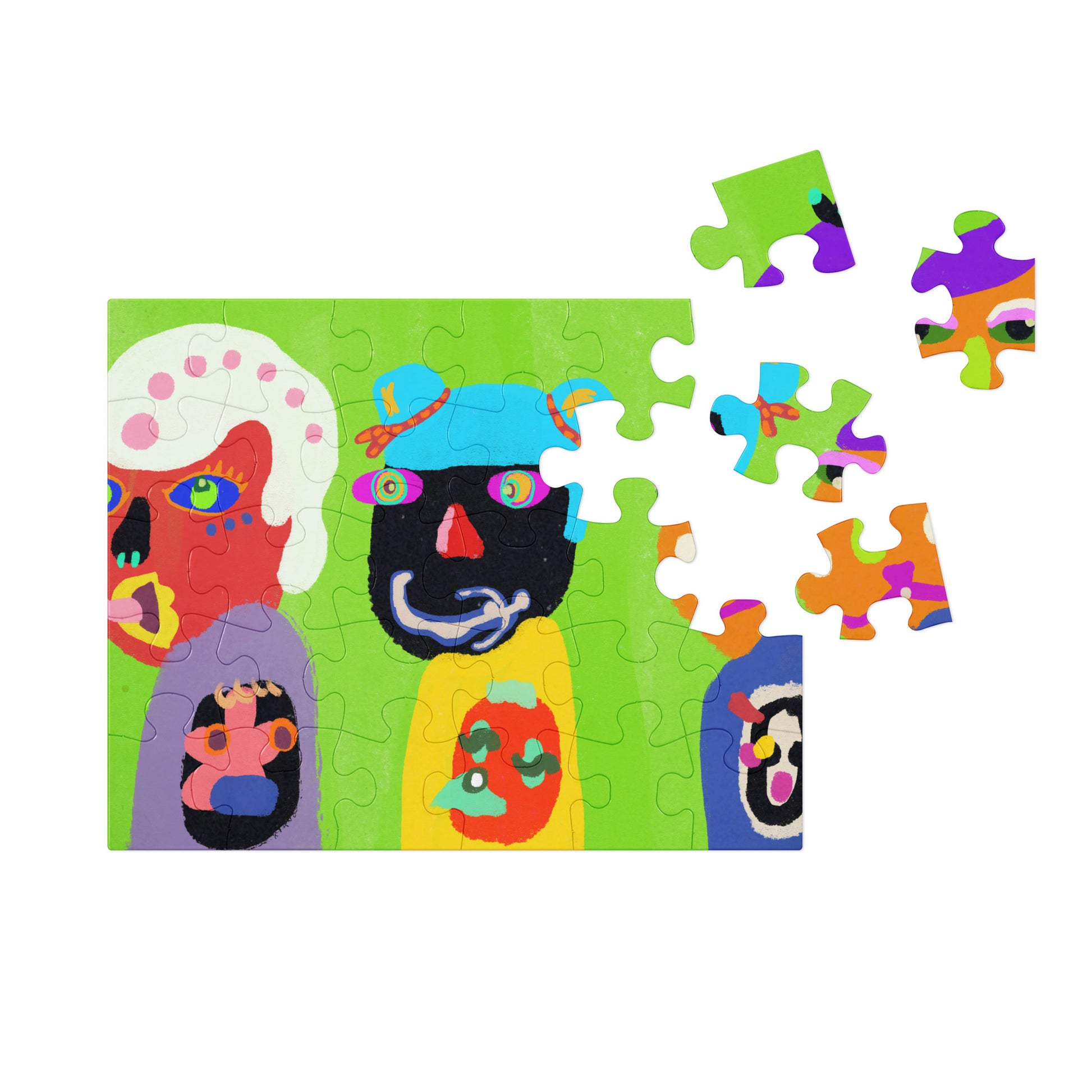 A vibrant jigsaw puzzle with the phrase "Don't Look Back" in bold, multicolored letters on a white background. The puzzle is partially assembled, showing the glossy finish of the pieces, and is displayed next to a sleek, gray tin box.