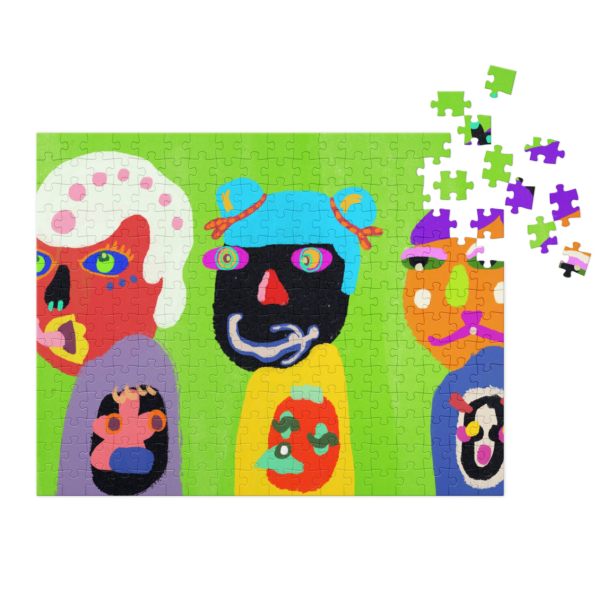 A vibrant jigsaw puzzle with the phrase "Don't Look Back" in bold, multicolored letters on a white background. The puzzle is partially assembled, showing the glossy finish of the pieces, and is displayed next to a sleek, gray tin box.
