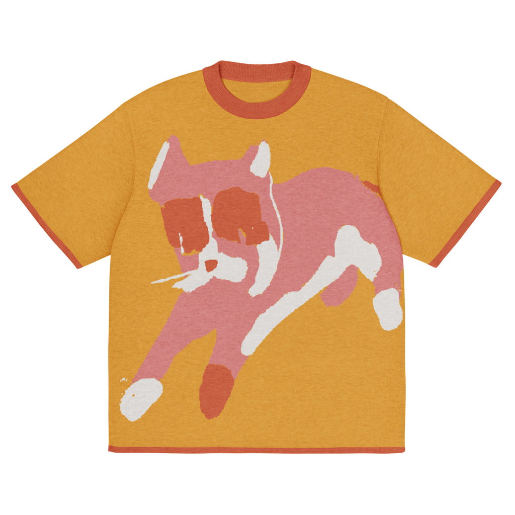 Fun knitted tee with oversized cat illustration on chest