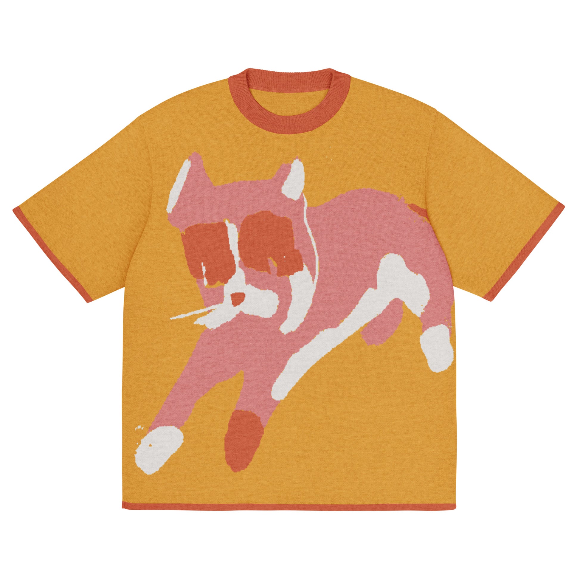 Fun knitted tee with oversized cat illustration on chest
