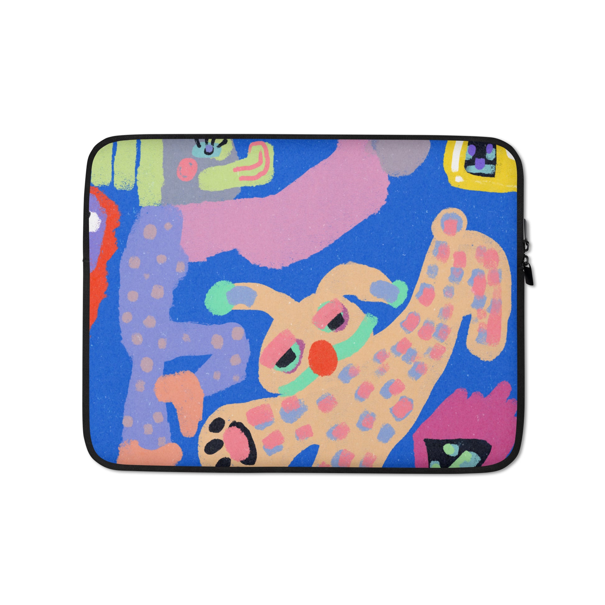 Water-resistant laptop sleeve featuring chaotic "Night With My Rabbit" animal artwork, with padded zipper and plush faux fur lining.

