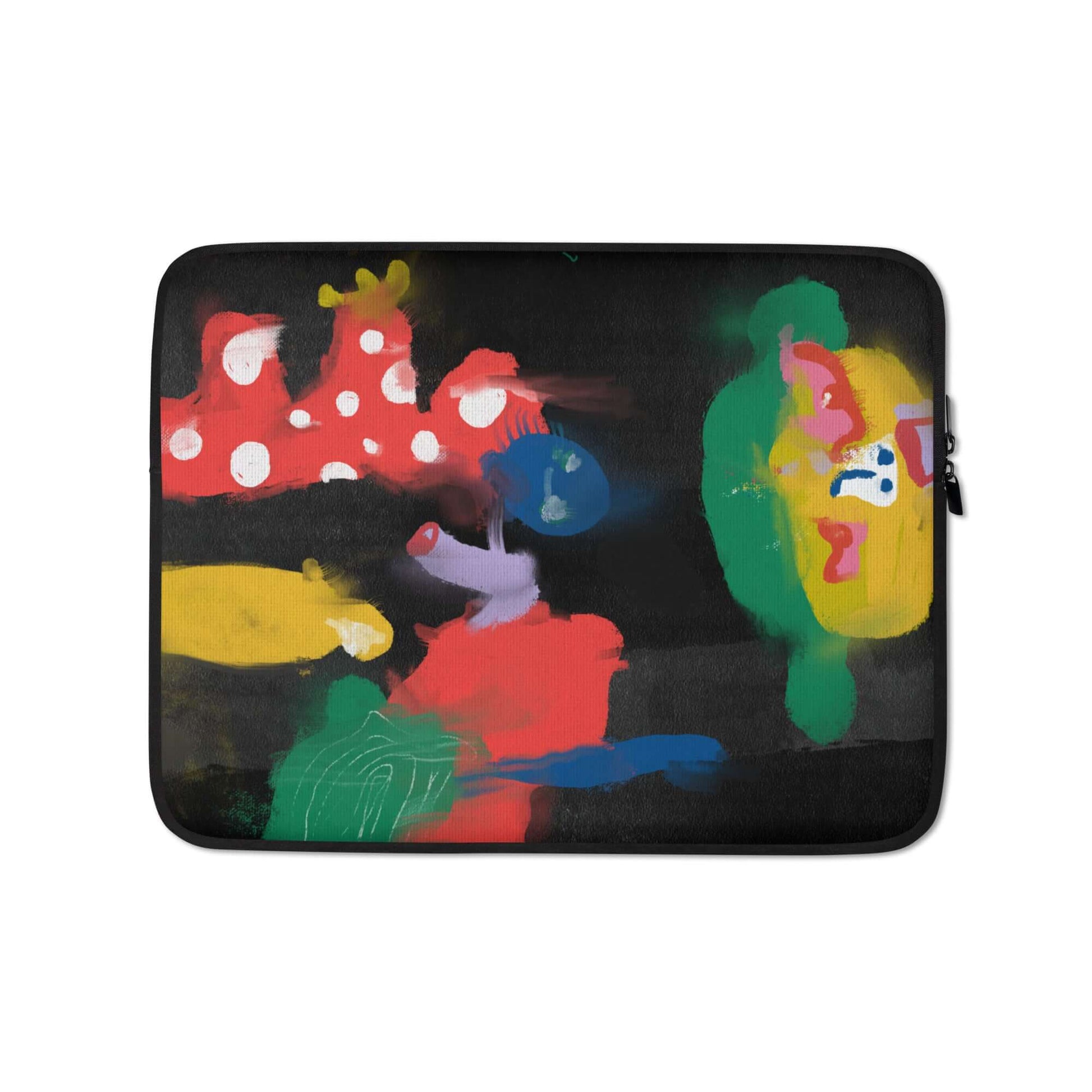 Lightweight laptop sleeve with bold "Wrapping Trip" chaotic artwork, offering water, oil, and heat resistance, plus a plush faux fur lining for device safety.
