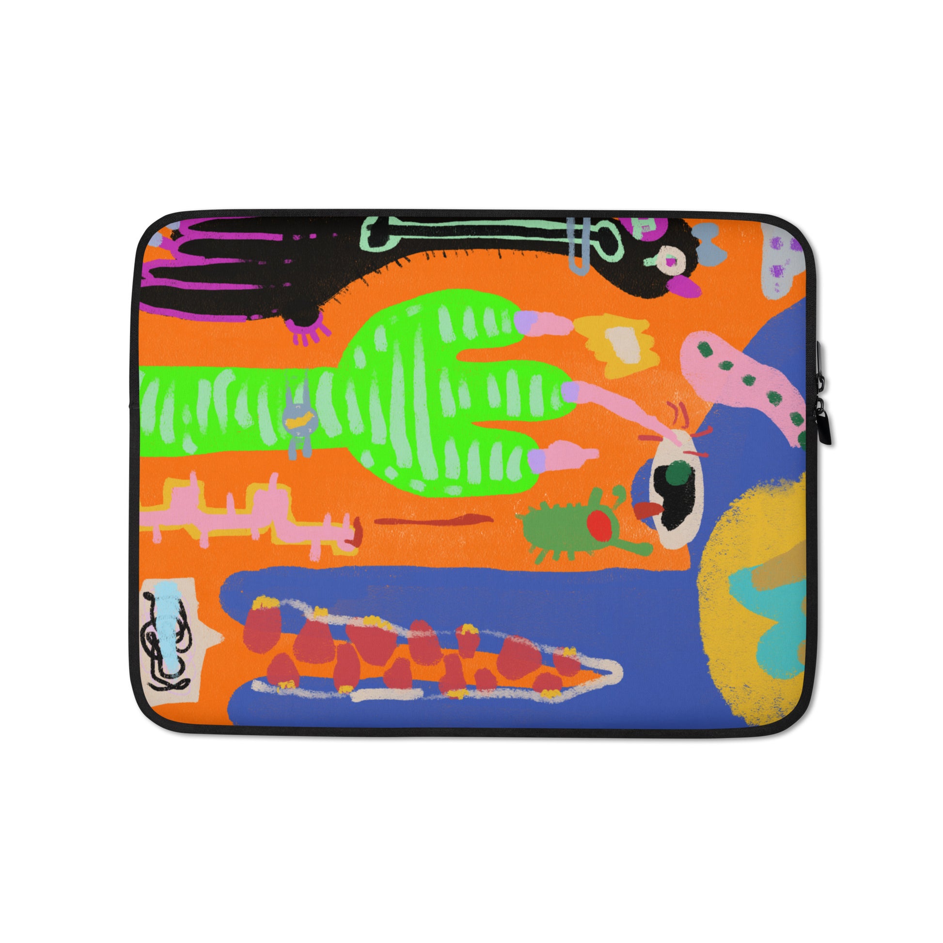 Water-resistant laptop sleeve featuring a playful waving alligator design, with faux fur interior and padded zipper.