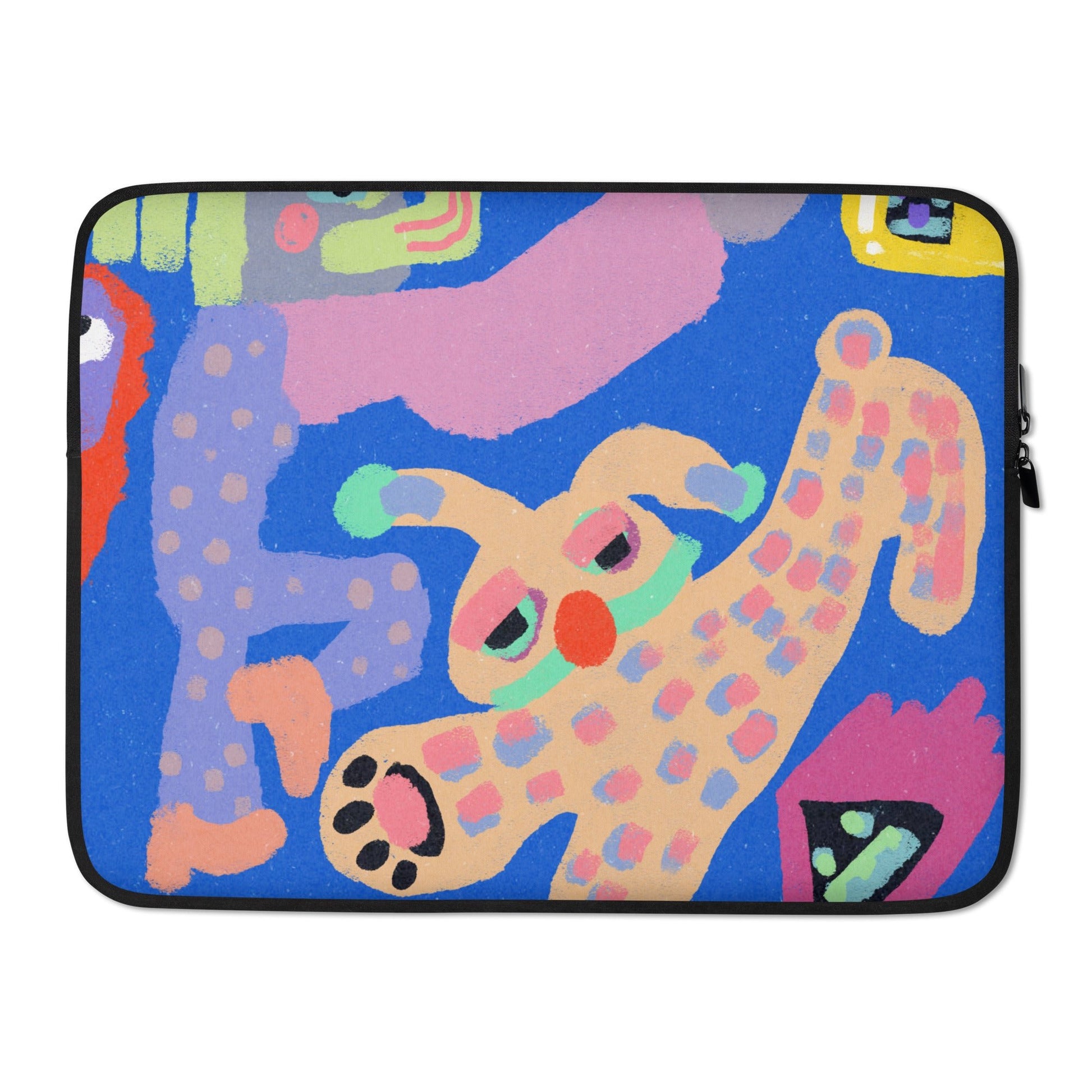 Water-resistant laptop sleeve featuring chaotic "Night With My Rabbit" animal artwork, with padded zipper and plush faux fur lining.

