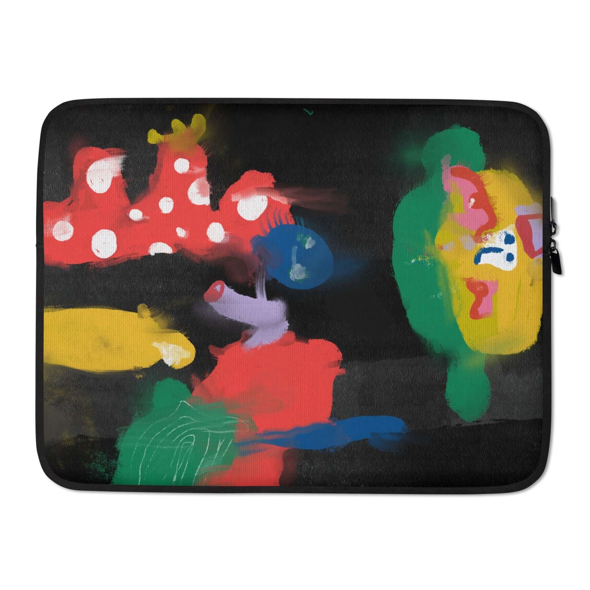 Lightweight laptop sleeve with bold "Wrapping Trip" chaotic artwork, offering water, oil, and heat resistance, plus a plush faux fur lining for device safety.