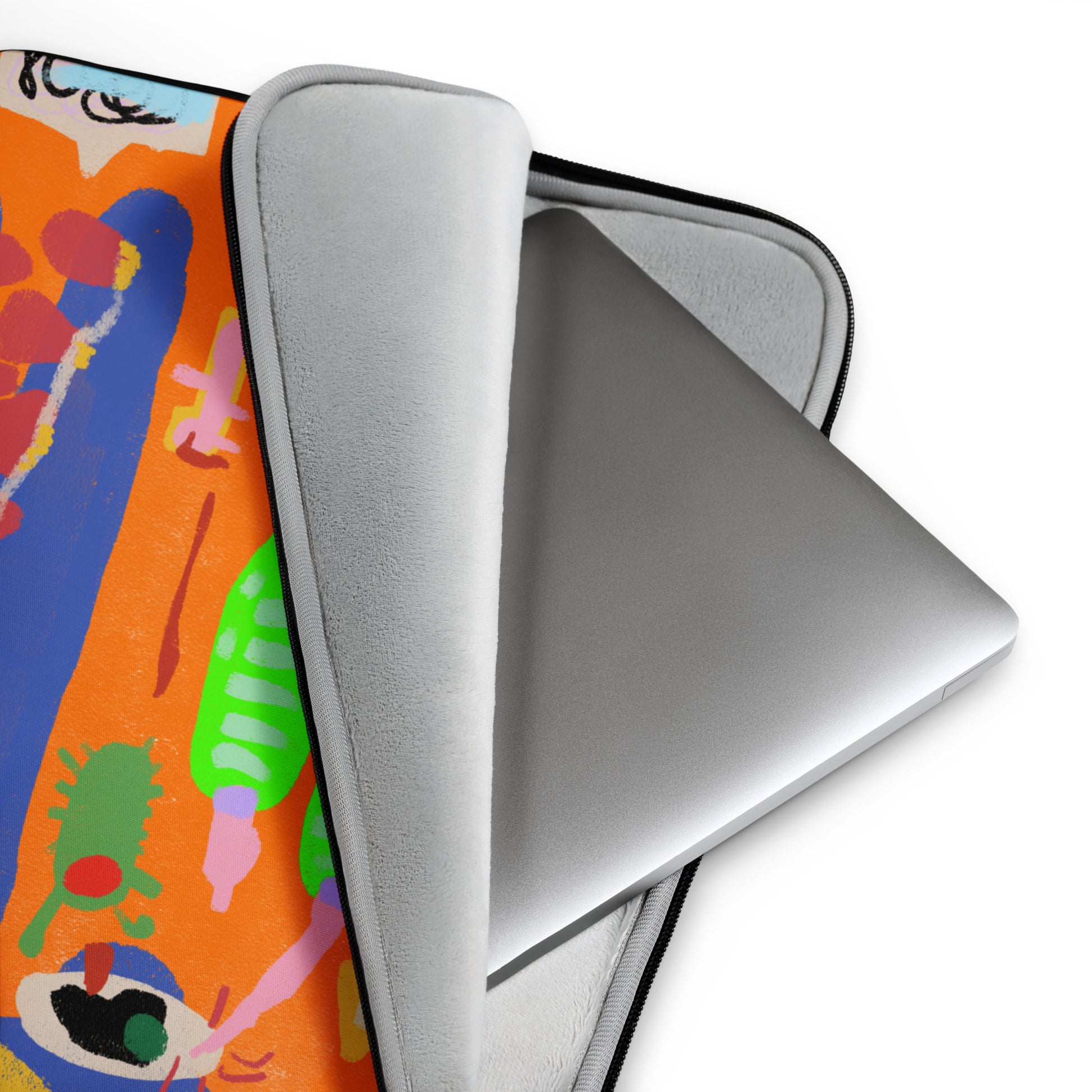 Water-resistant laptop sleeve featuring a playful waving alligator design, with faux fur interior and padded zipper.