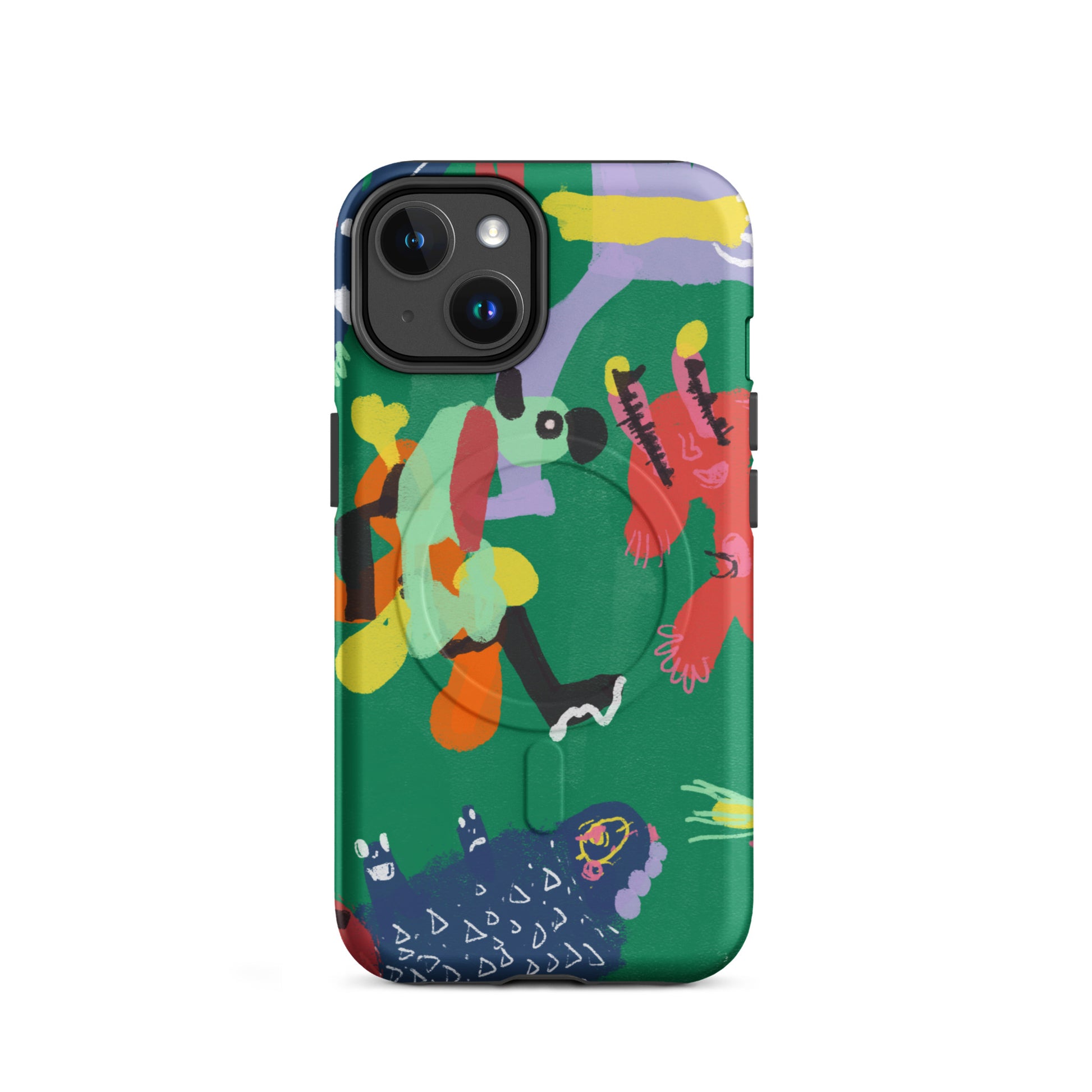 Protective "Jungle Party" MagSafe iPhone tough case featuring wild animal art, designed for impact resistance and effortless wireless charging.