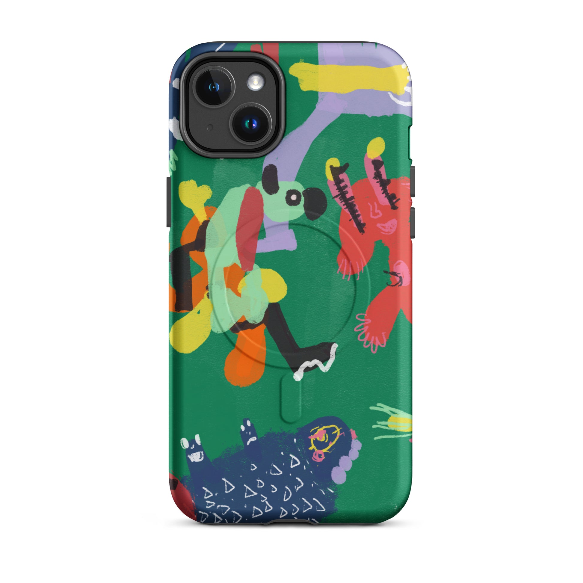 Protective "Jungle Party" MagSafe iPhone tough case featuring wild animal art, designed for impact resistance and effortless wireless charging.