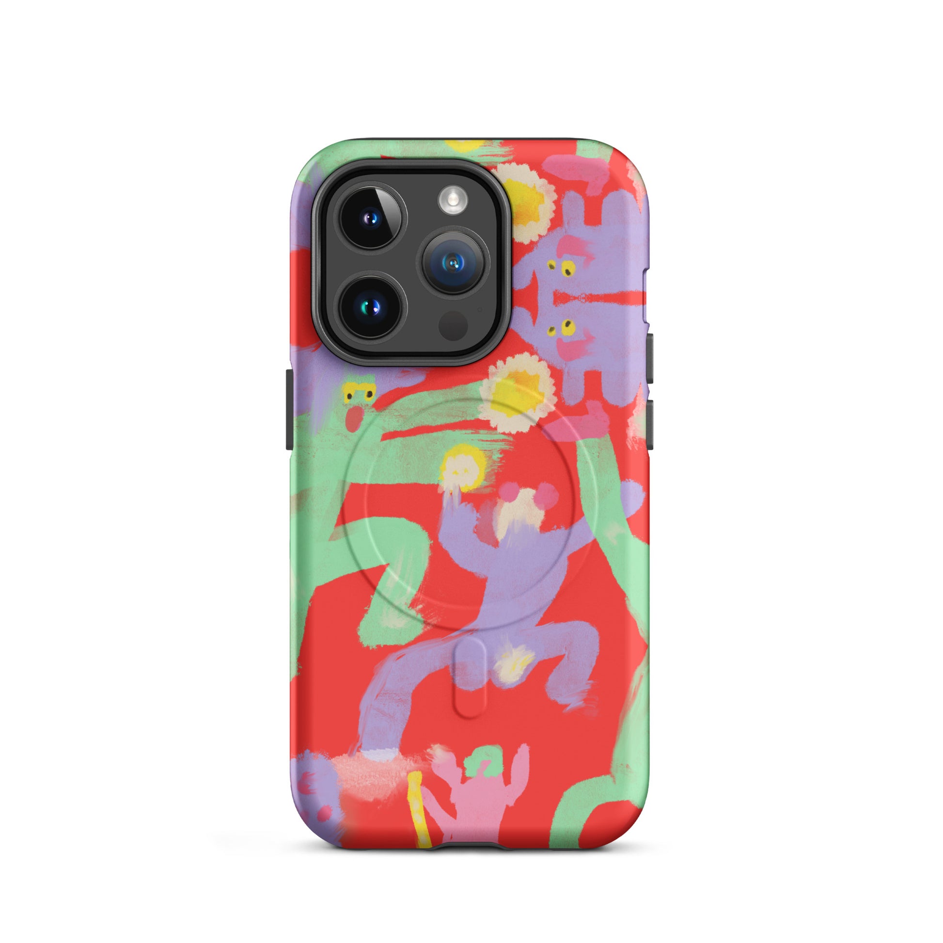 Durable MagSafe phone case with a vibrant "Dancing Hard" art print, providing strong protection and easy magnetic attachment for a rebellious look.
