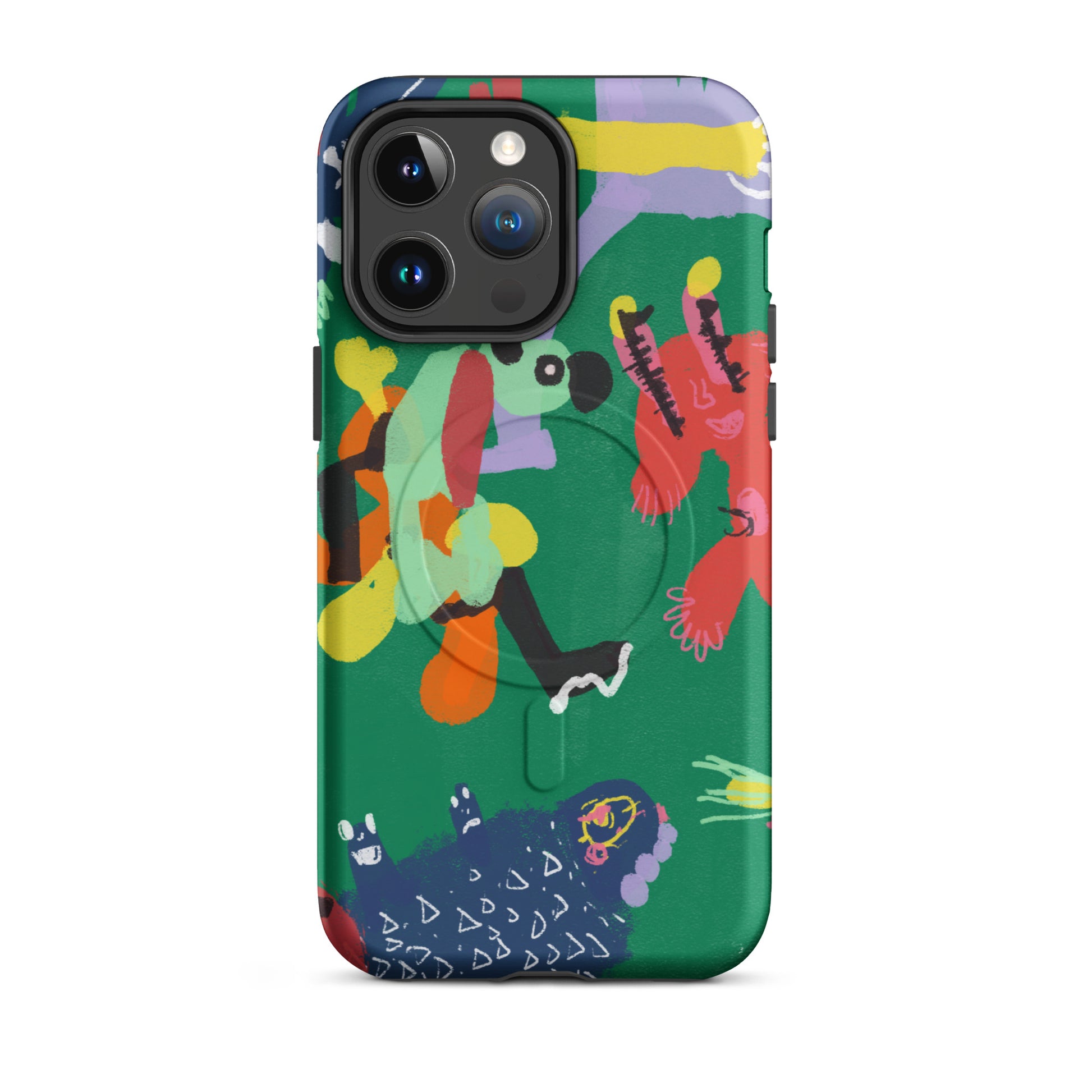 Protective "Jungle Party" MagSafe iPhone tough case featuring wild animal art, designed for impact resistance and effortless wireless charging.