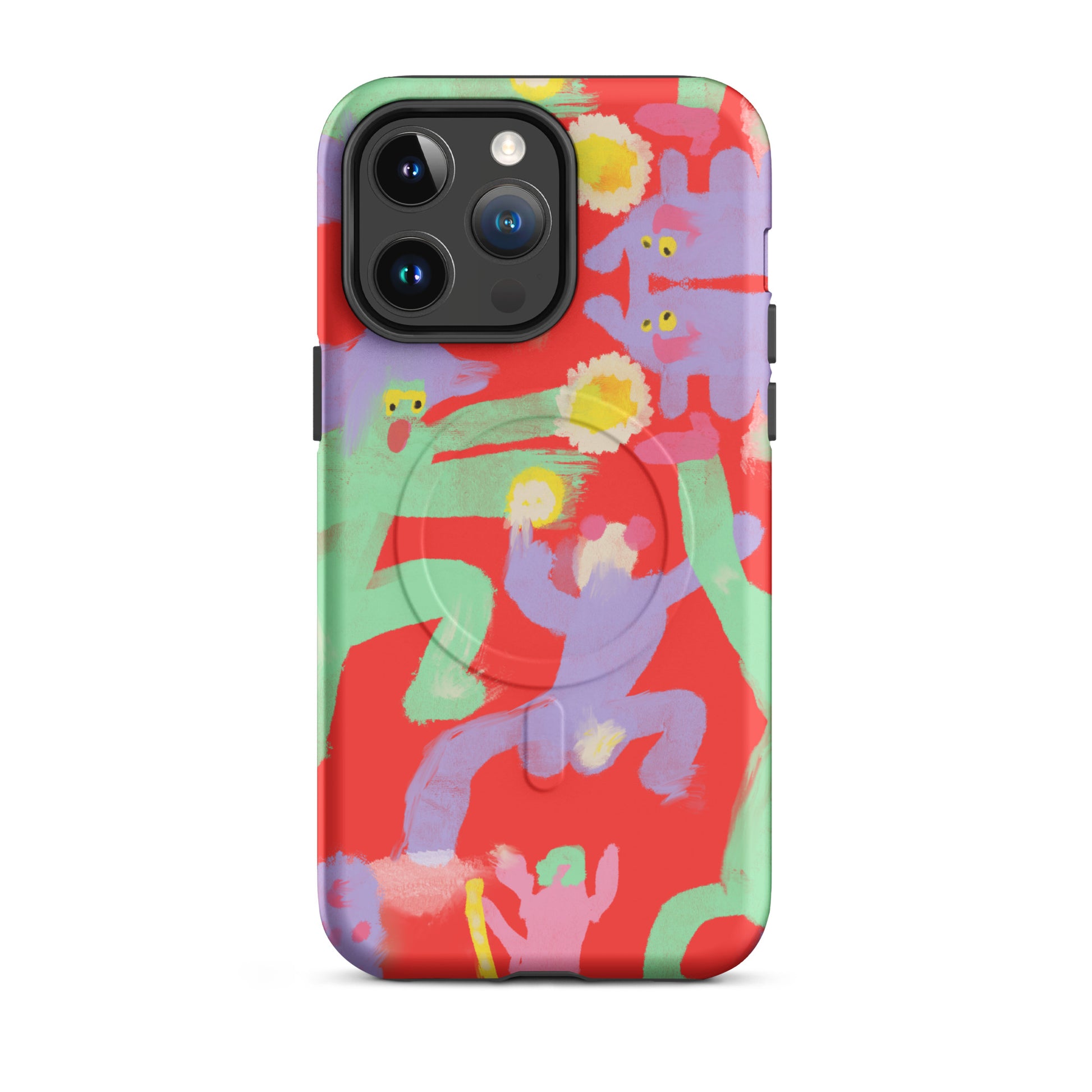 Durable MagSafe phone case with a vibrant "Dancing Hard" art print, providing strong protection and easy magnetic attachment for a rebellious look.