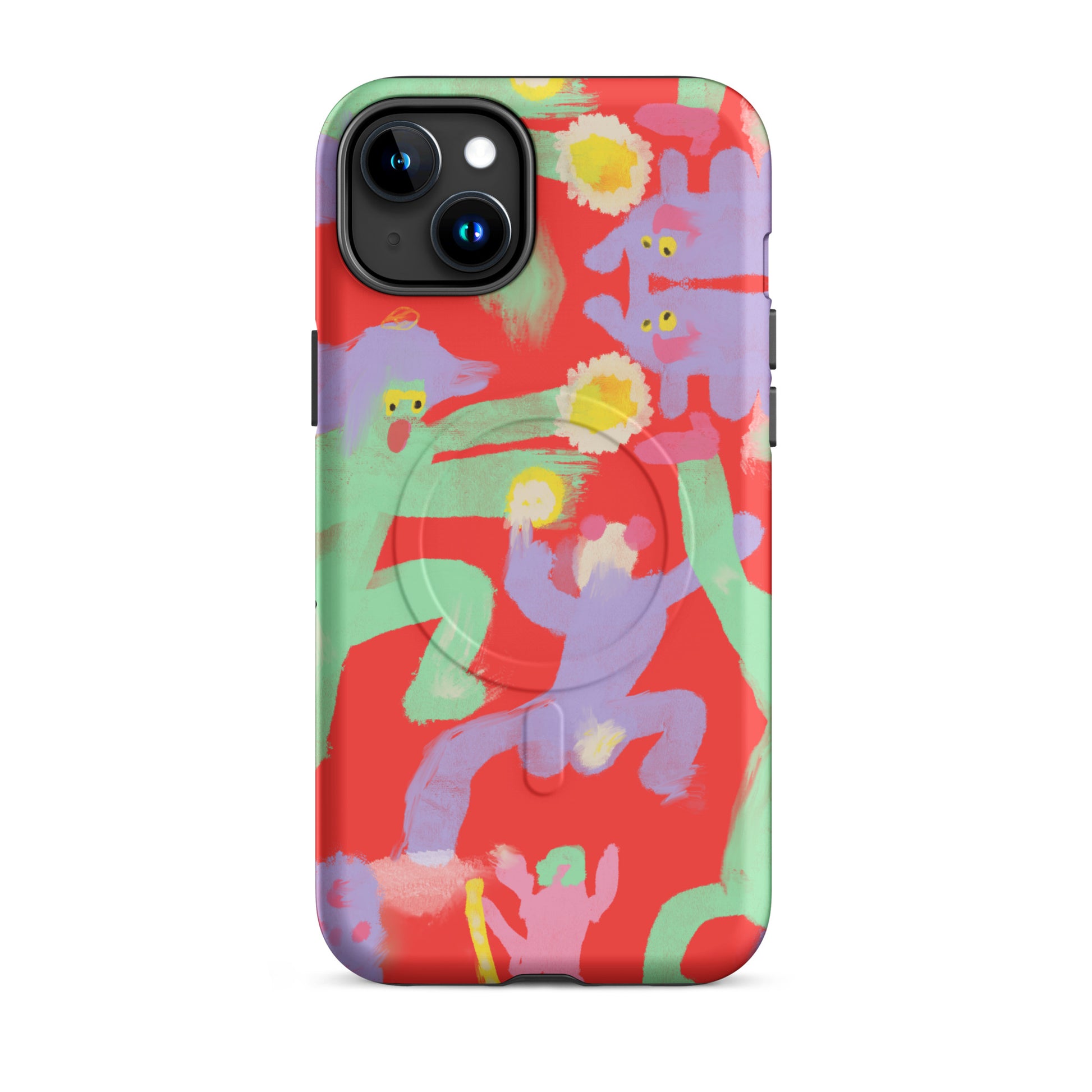 Durable MagSafe phone case with a vibrant "Dancing Hard" art print, providing strong protection and easy magnetic attachment for a rebellious look.