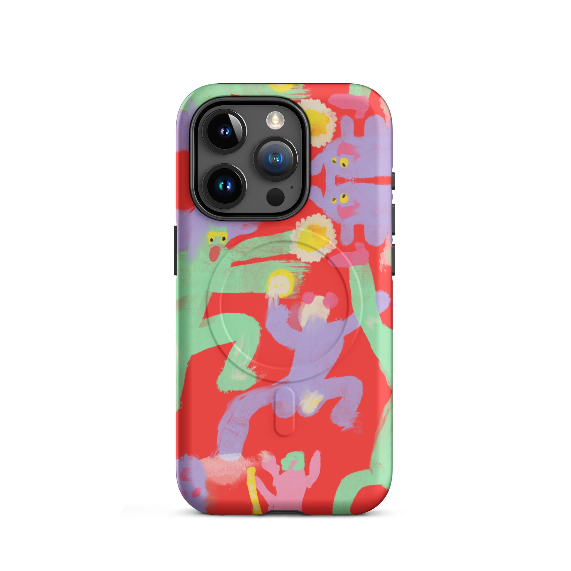 "Dancing Hard" MagSafe tough case with chaotic artwork, offering durable protection and magnetic attachment.