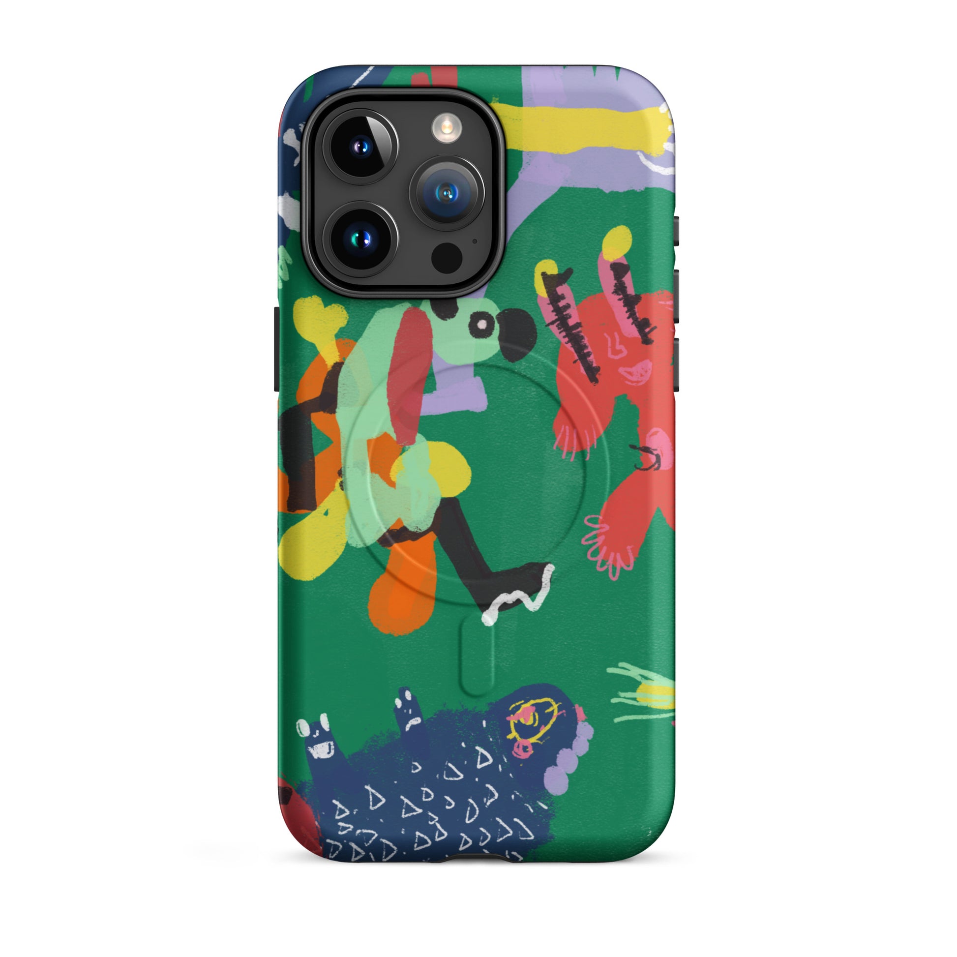 Durable MagSafe iPhone tough case showcasing a bold "Jungle Party" print, combining vibrant style with strong phone protection.