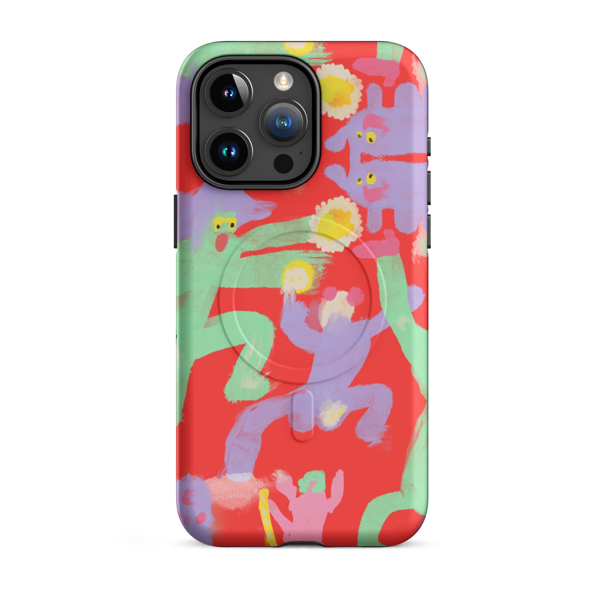 "Dancing Hard" MagSafe tough case with chaotic artwork, offering durable protection and magnetic attachment.