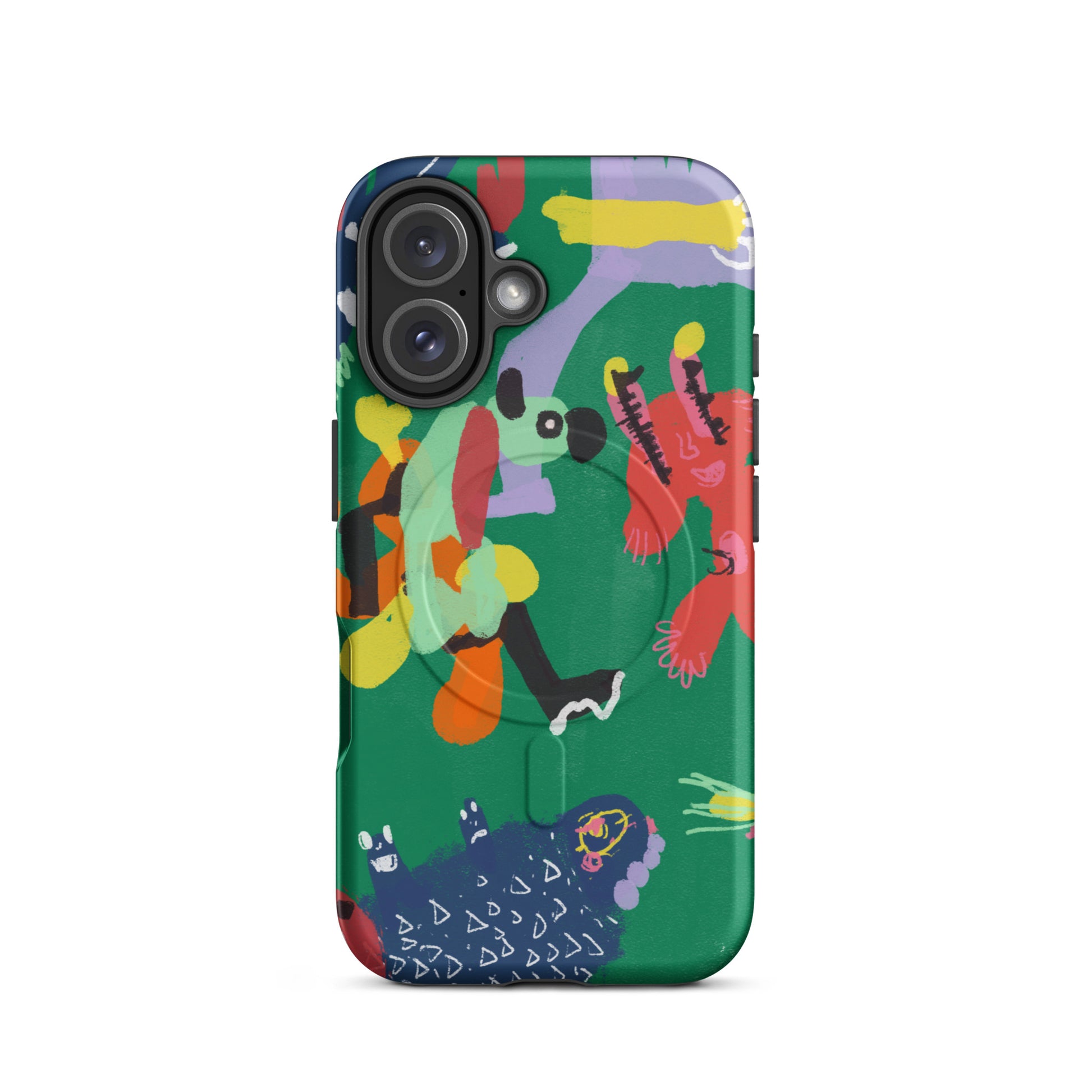 Durable MagSafe iPhone tough case showcasing a bold "Jungle Party" print, combining vibrant style with strong phone protection.