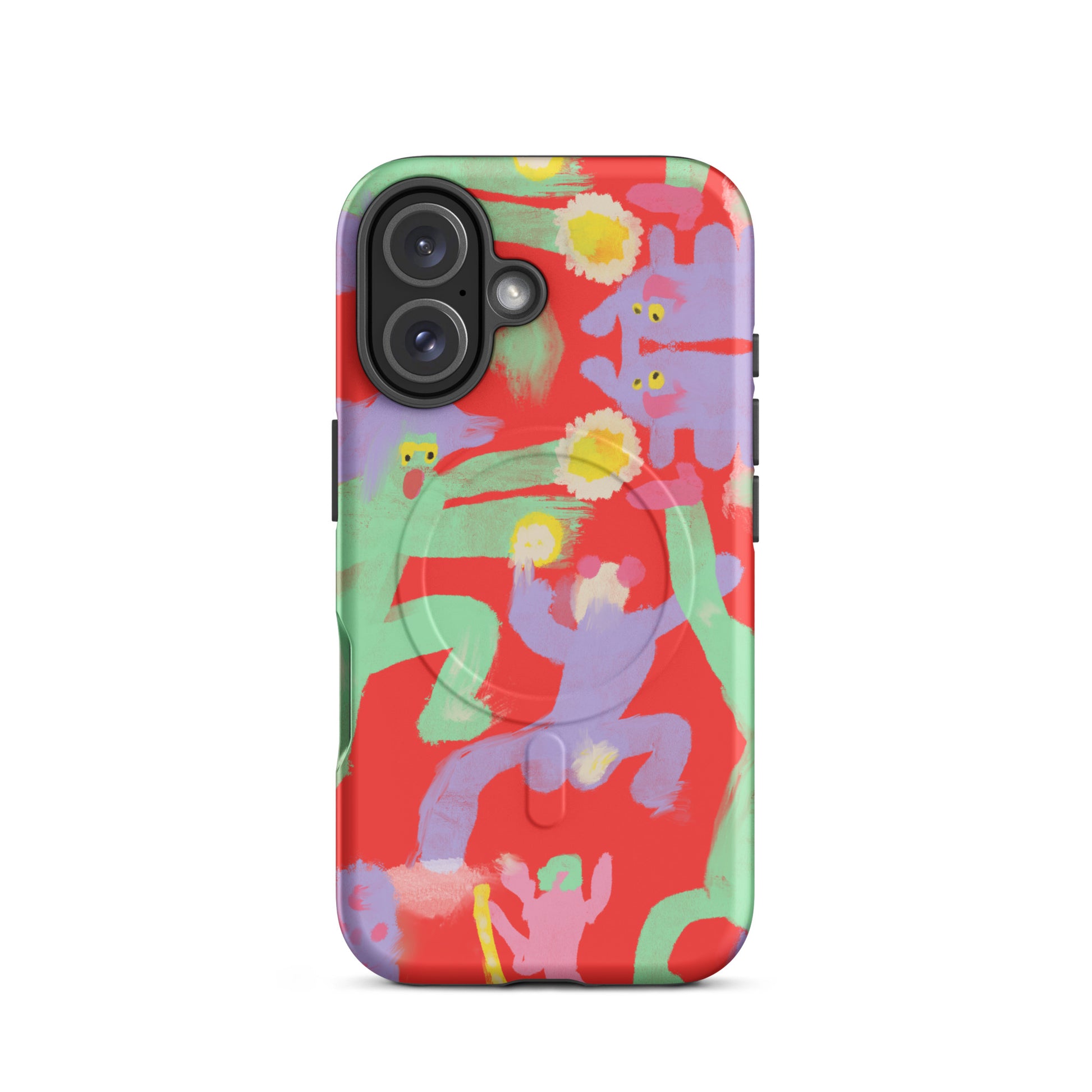 "Dancing Hard" MagSafe tough case with chaotic artwork, offering durable protection and magnetic attachment.
