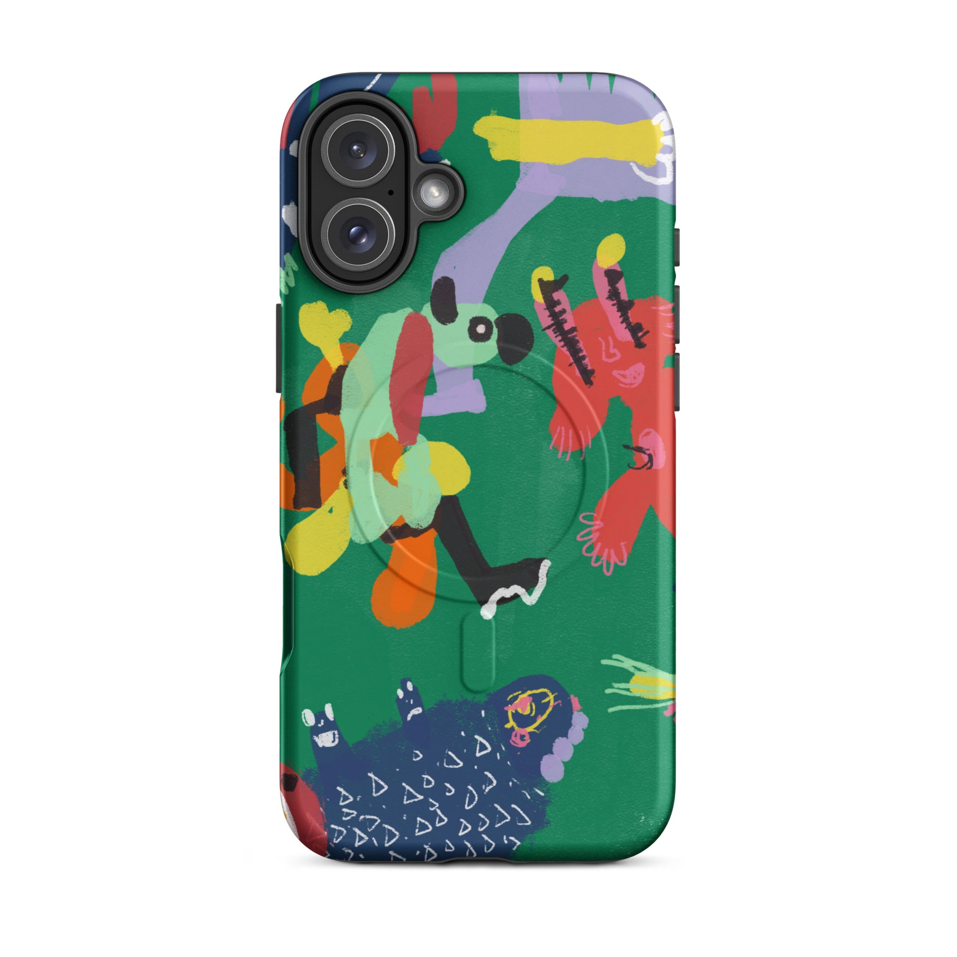 Durable MagSafe iPhone tough case showcasing a bold "Jungle Party" print, combining vibrant style with strong phone protection.