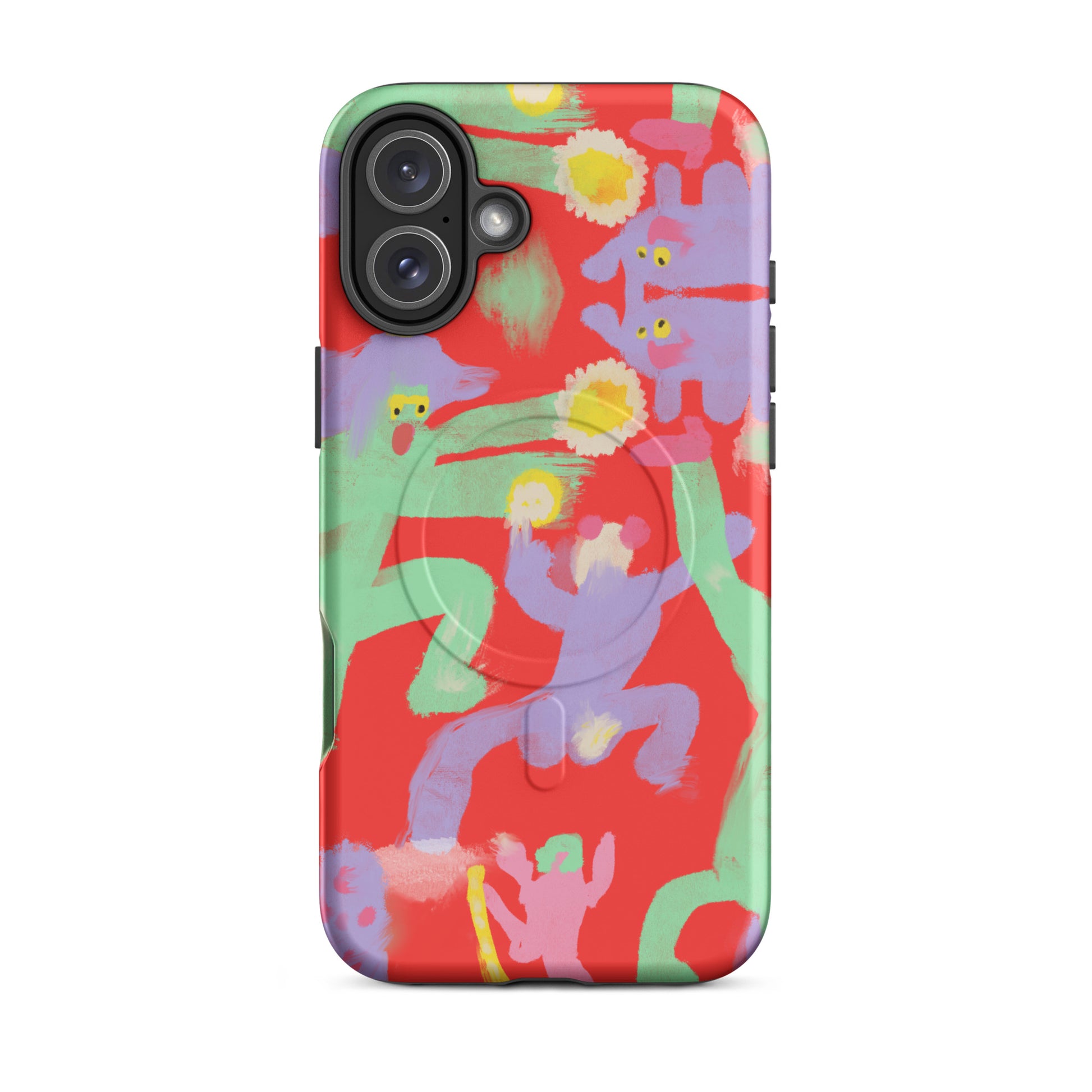 "Dancing Hard" MagSafe tough case with chaotic artwork, offering durable protection and magnetic attachment.