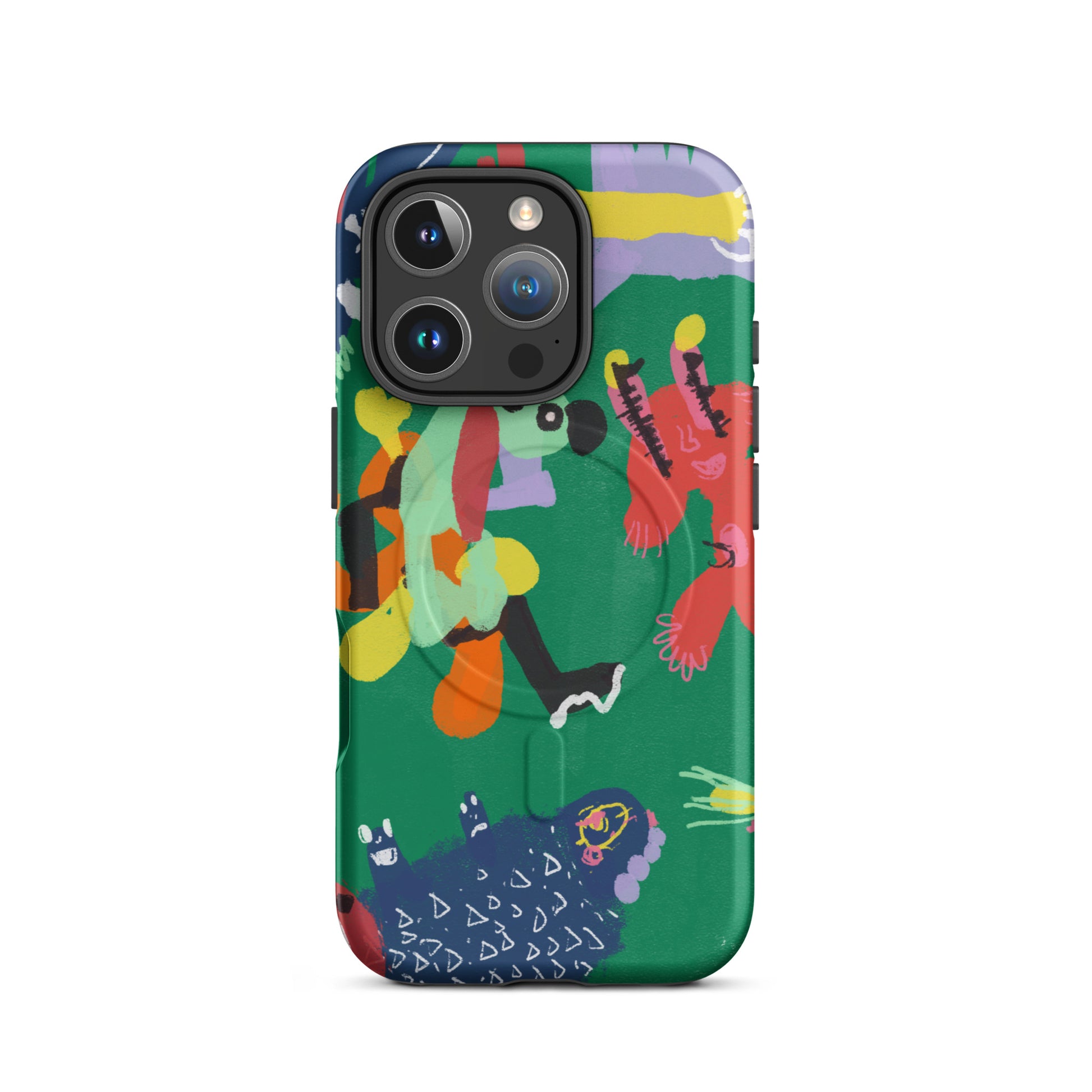 Durable MagSafe iPhone tough case showcasing a bold "Jungle Party" print, combining vibrant style with strong phone protection.