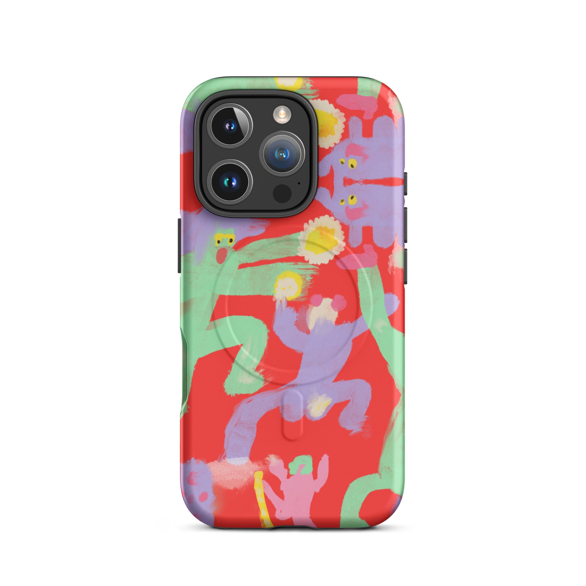 "Dancing Hard" MagSafe tough case with chaotic artwork, offering durable protection and magnetic attachment.