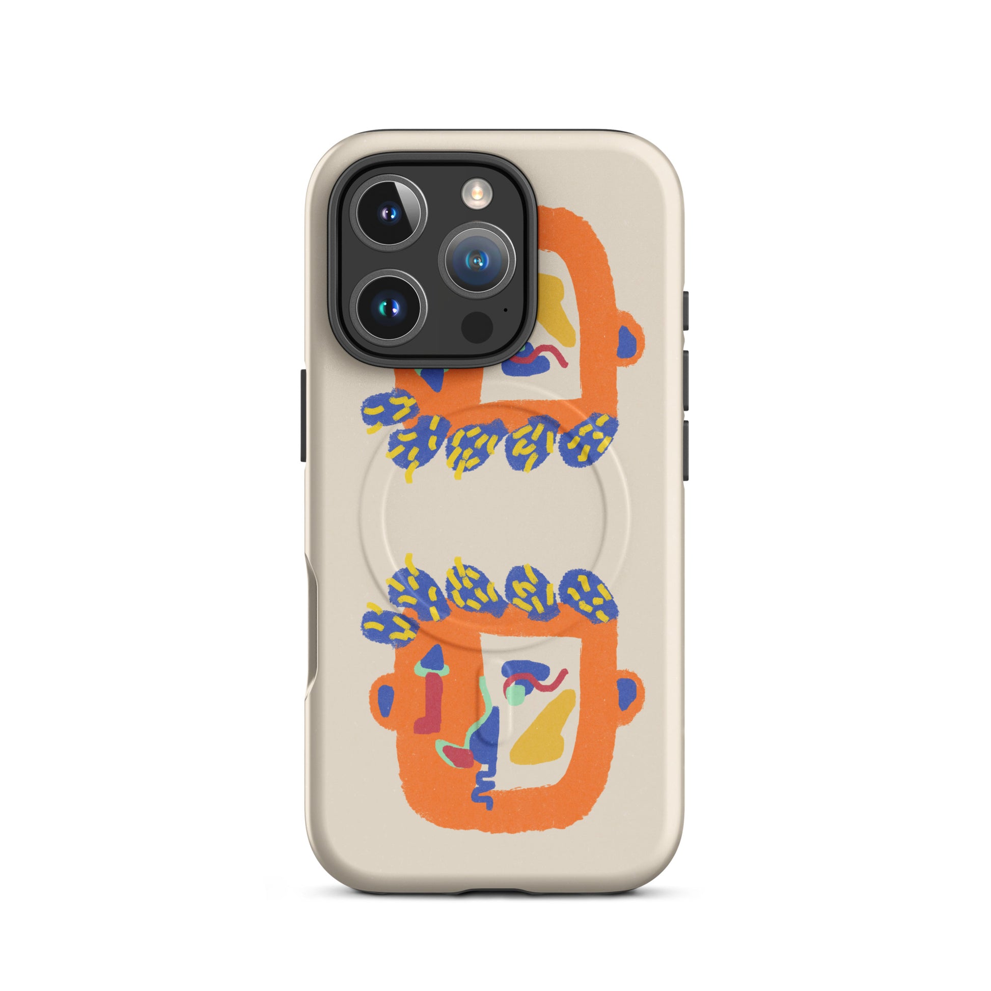MagSafe tough case with abstract, introspective art, dual-layer protection, and built-in magnets for wireless charging.