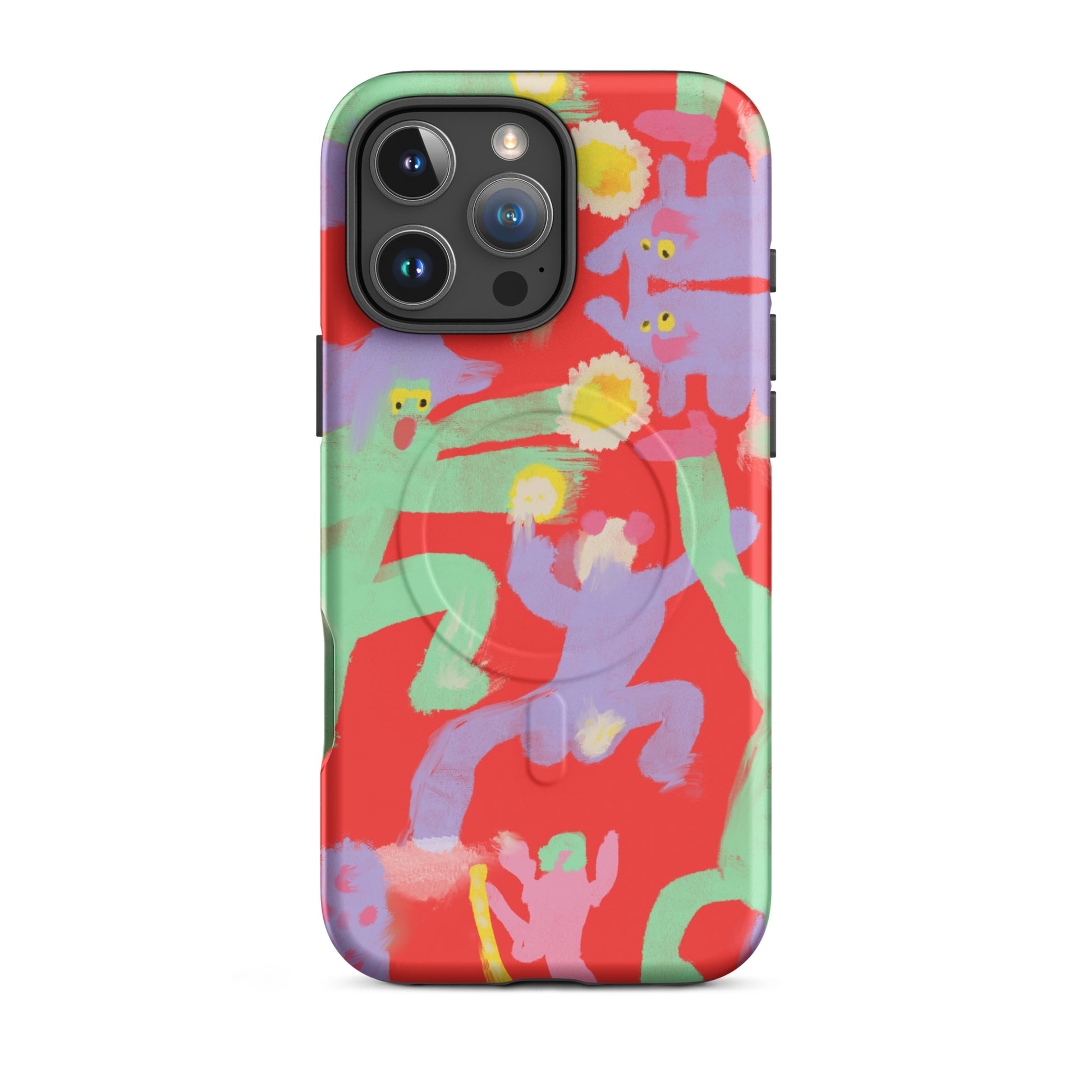 "Dancing Hard" MagSafe tough case with chaotic artwork, offering durable protection and magnetic attachment.