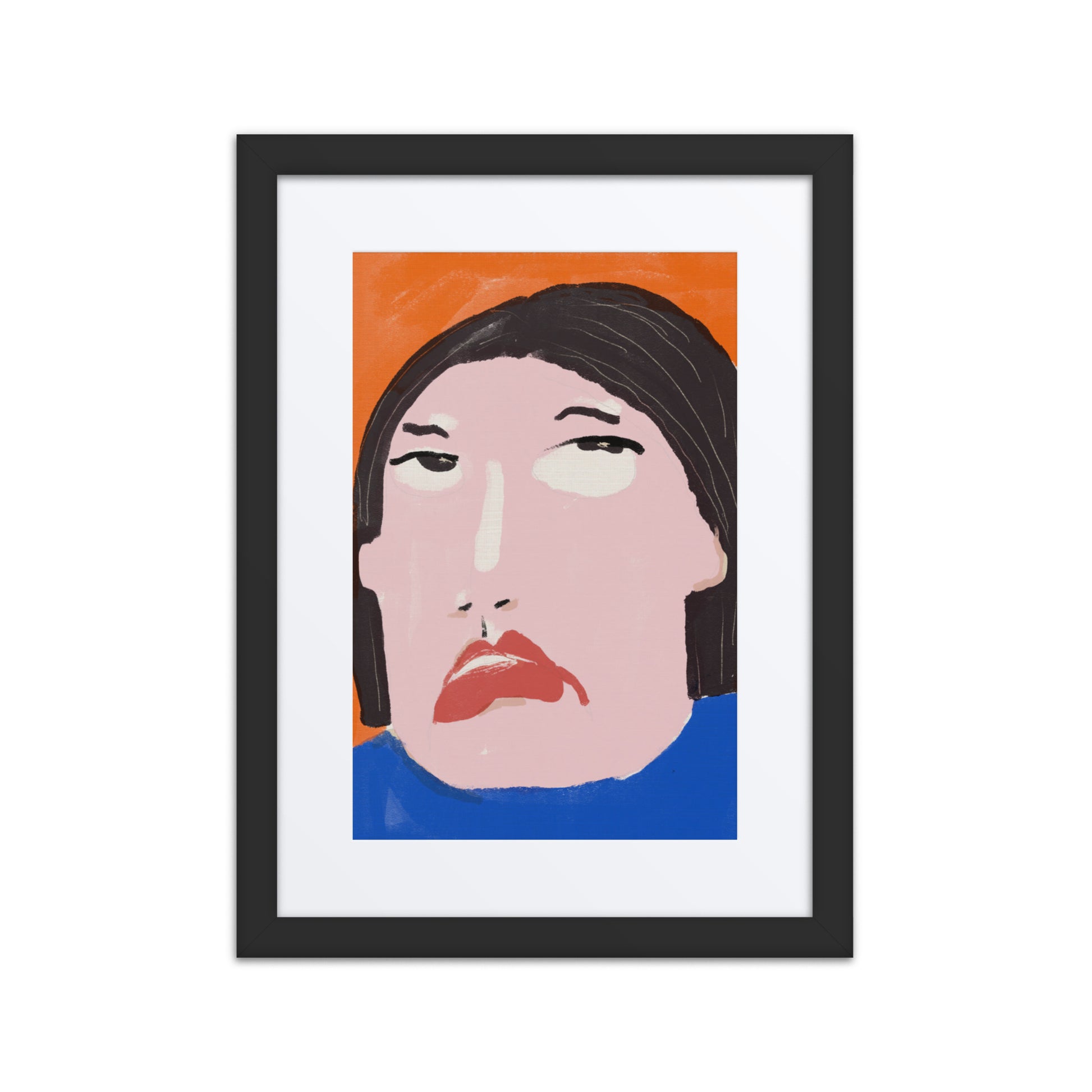 Matte framed artwork featuring expressive, frustrated face illustration