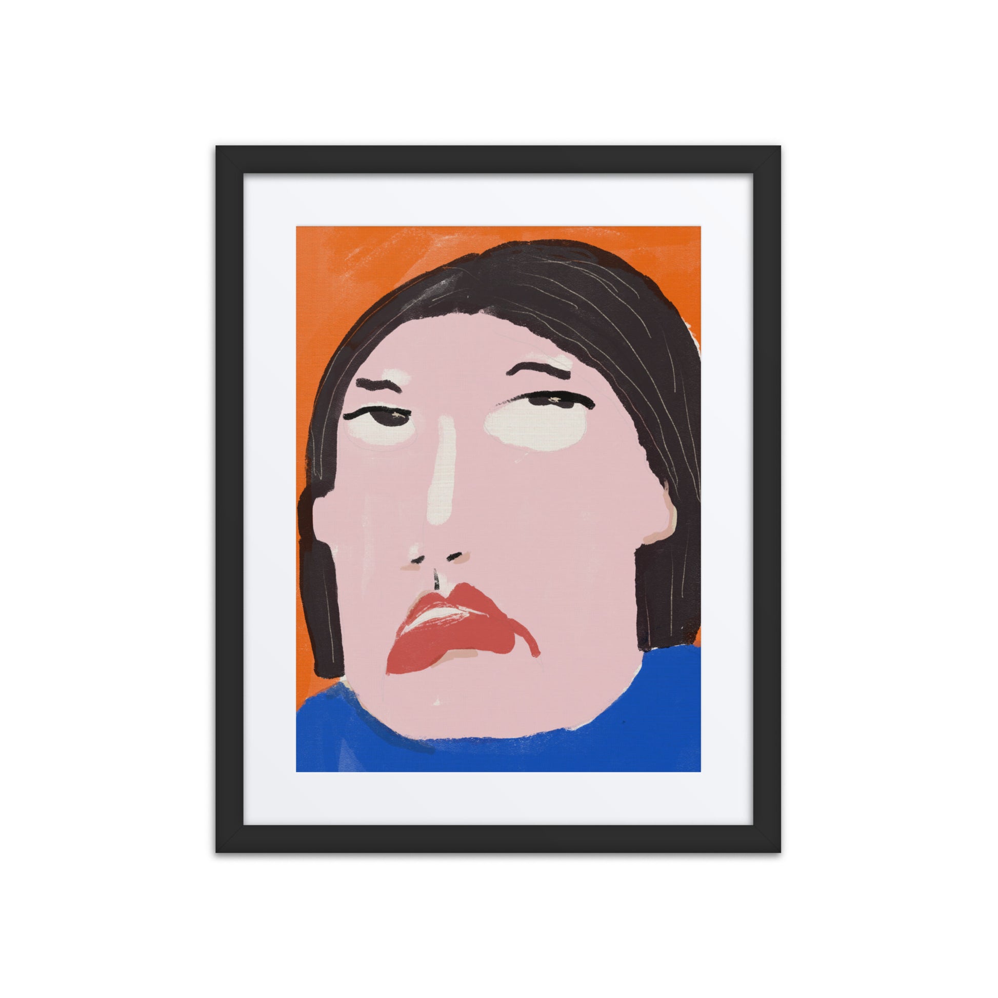 Matte framed artwork featuring expressive, frustrated face illustration